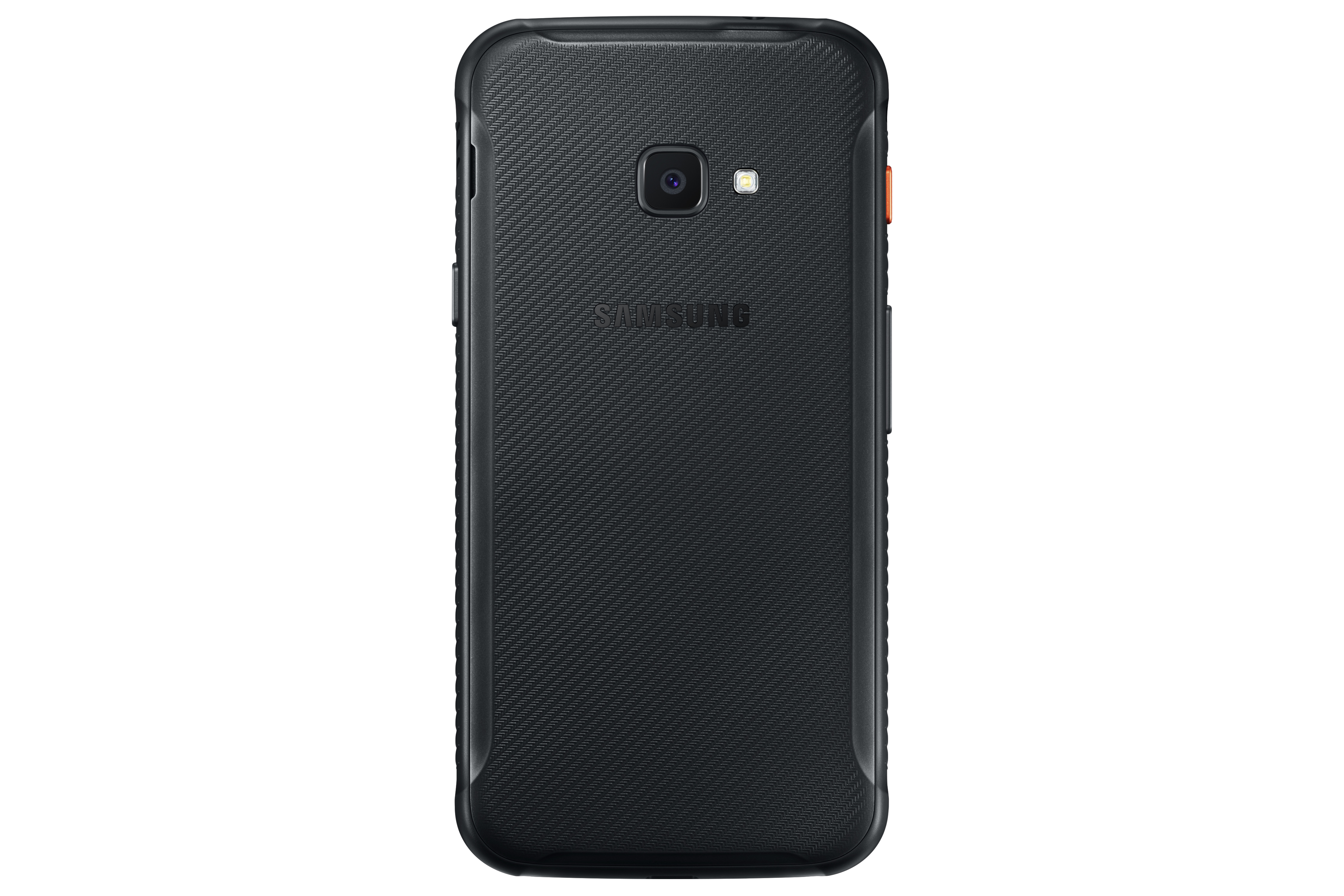 Schwarzes Samsung-Handy-Rückseite mit Kamera und Blitz. Textur auf der Rückseite. Oranger Akzent an der Seite.