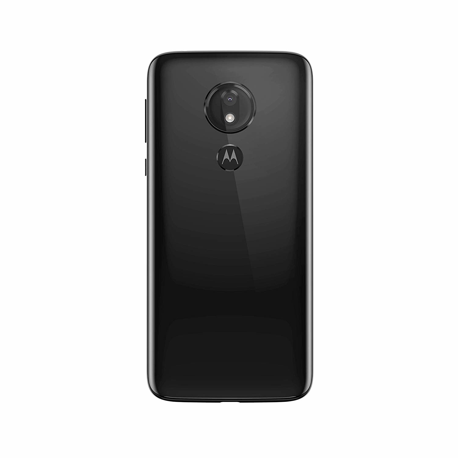 Schwarze Smartphone-Rückseite. Doppelkamera, Motorola-Logo und Tasten an der Seite. Glänzende Oberfläche auf weißem Hintergrund.