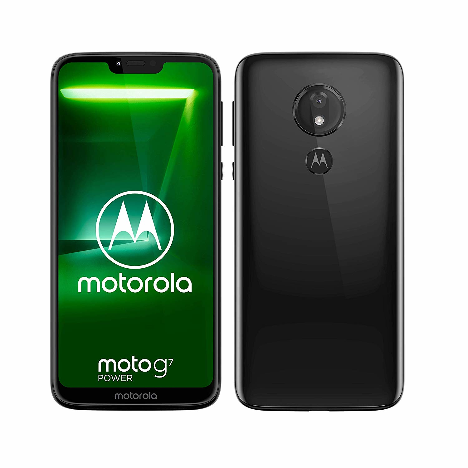 Ein schwarzes Motorola Moto g7 Power Smartphone. Die Vorderseite zeigt einen grünen Bildschirm mit dem Motorola-Logo. Die Rückseite ist schwarz mit Kamera.