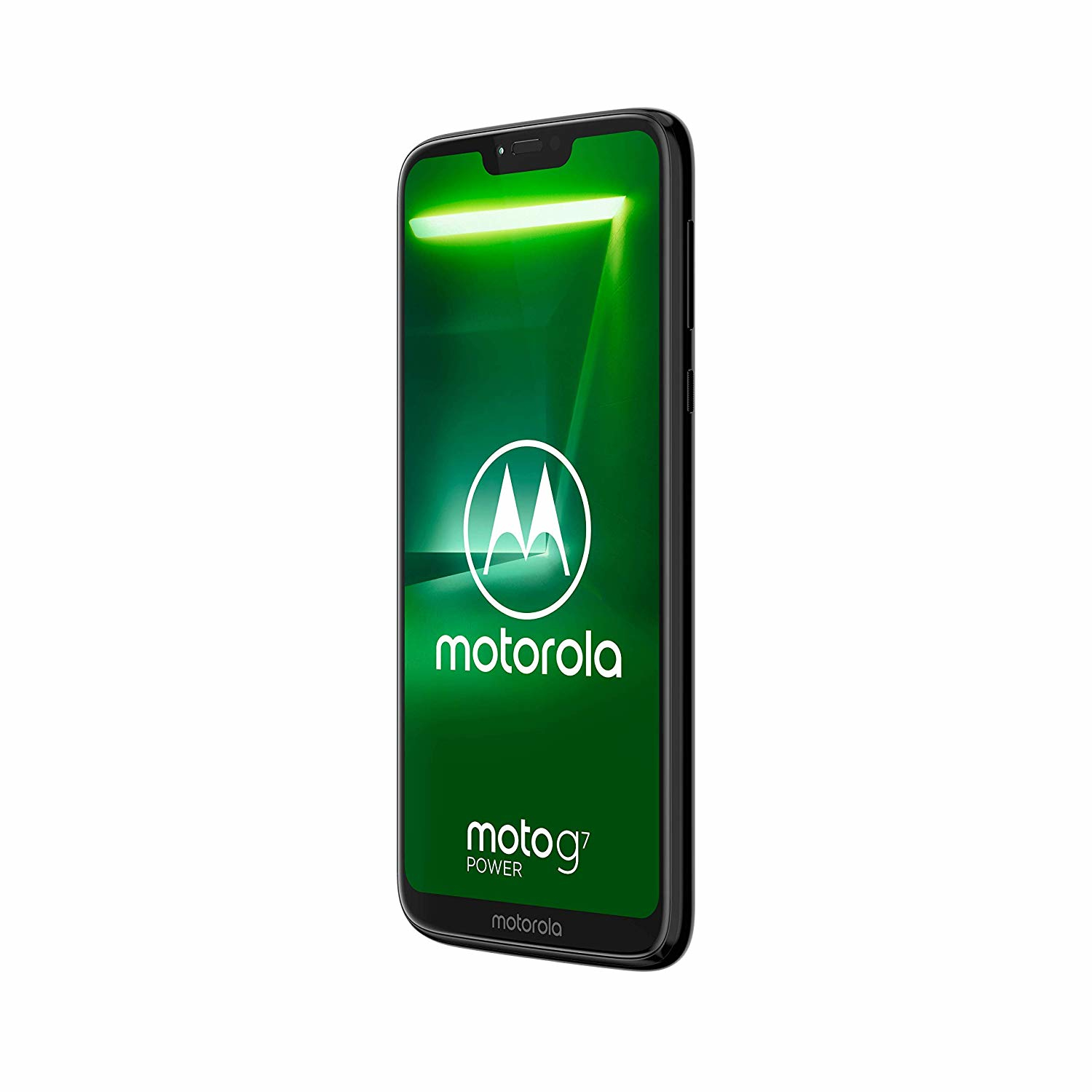 Ein schwarzes Motorola Moto G7 Power Smartphone, das auf einem weißen Hintergrund angezeigt wird. Der Bildschirm zeigt das Motorola-Logo und einen grünen Hintergrund.
