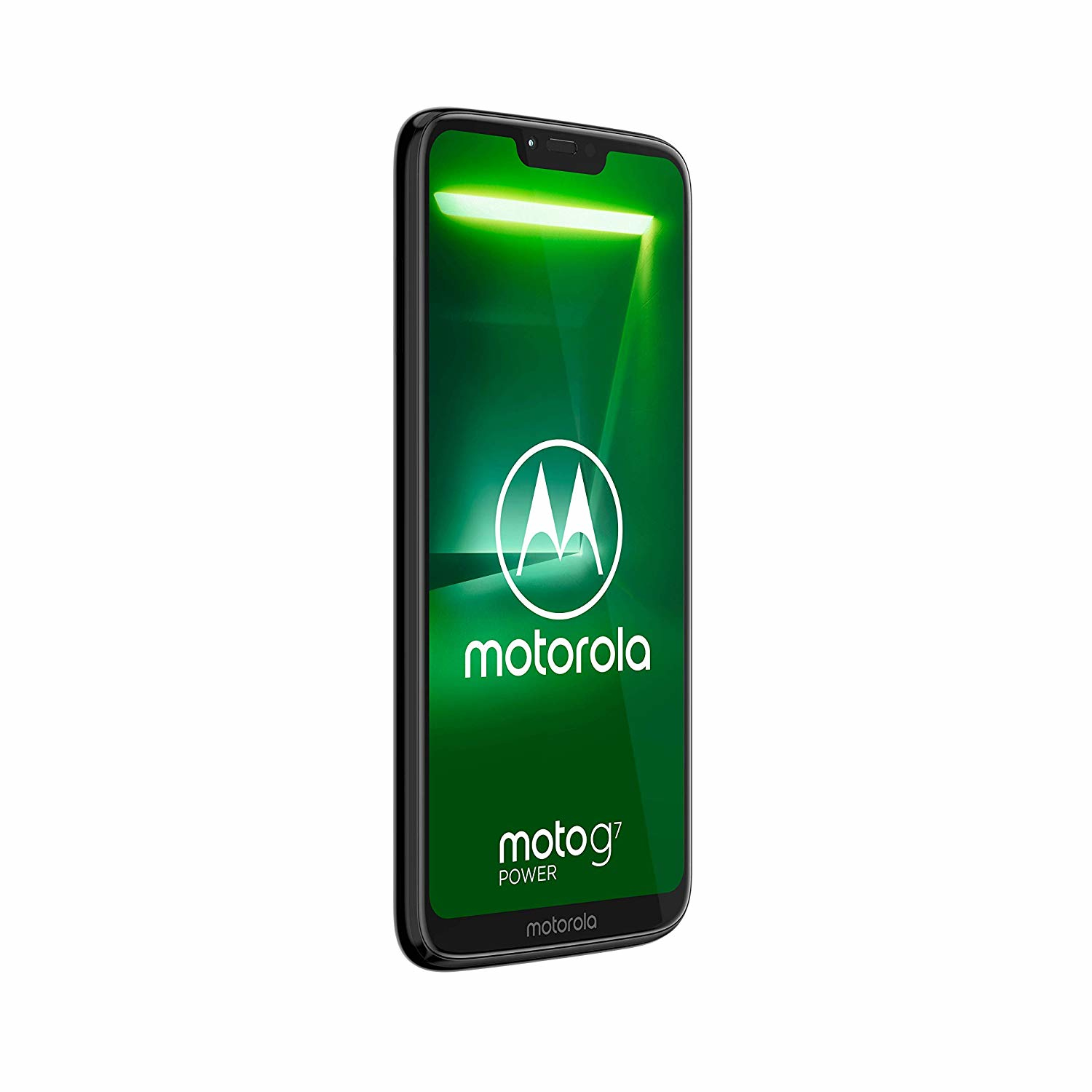 Motorola Moto G7 Power Telefon auf Weiß. Der Bildschirm zeigt ein grünes und weißes Motorola-Logo und Moto G7 Power.