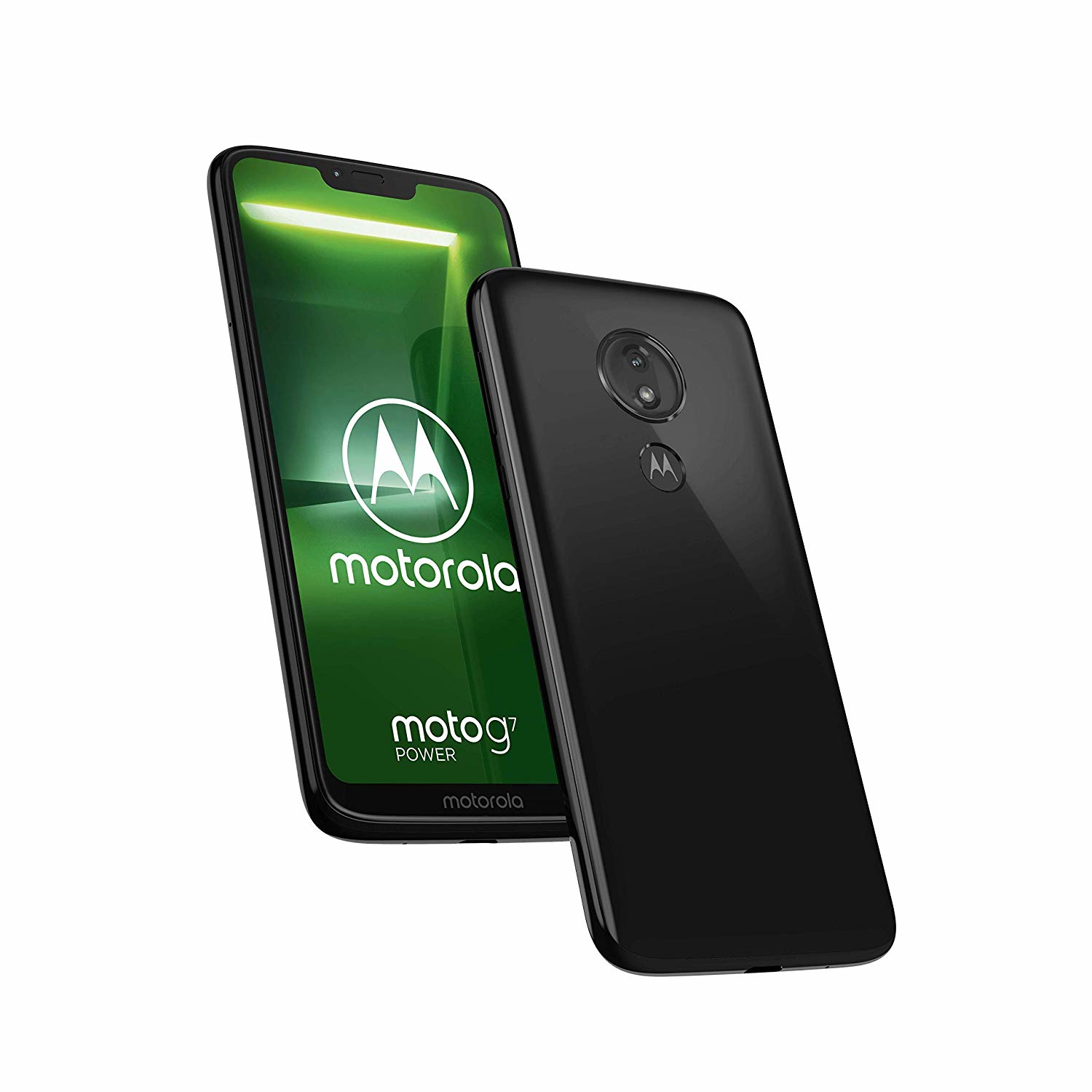 Zwei schwarze Motorola Moto G7 Power Smartphones. Eines abgewinkelt, das den Bildschirm mit Logo zeigt. Das andere zeigt die Rückseite.