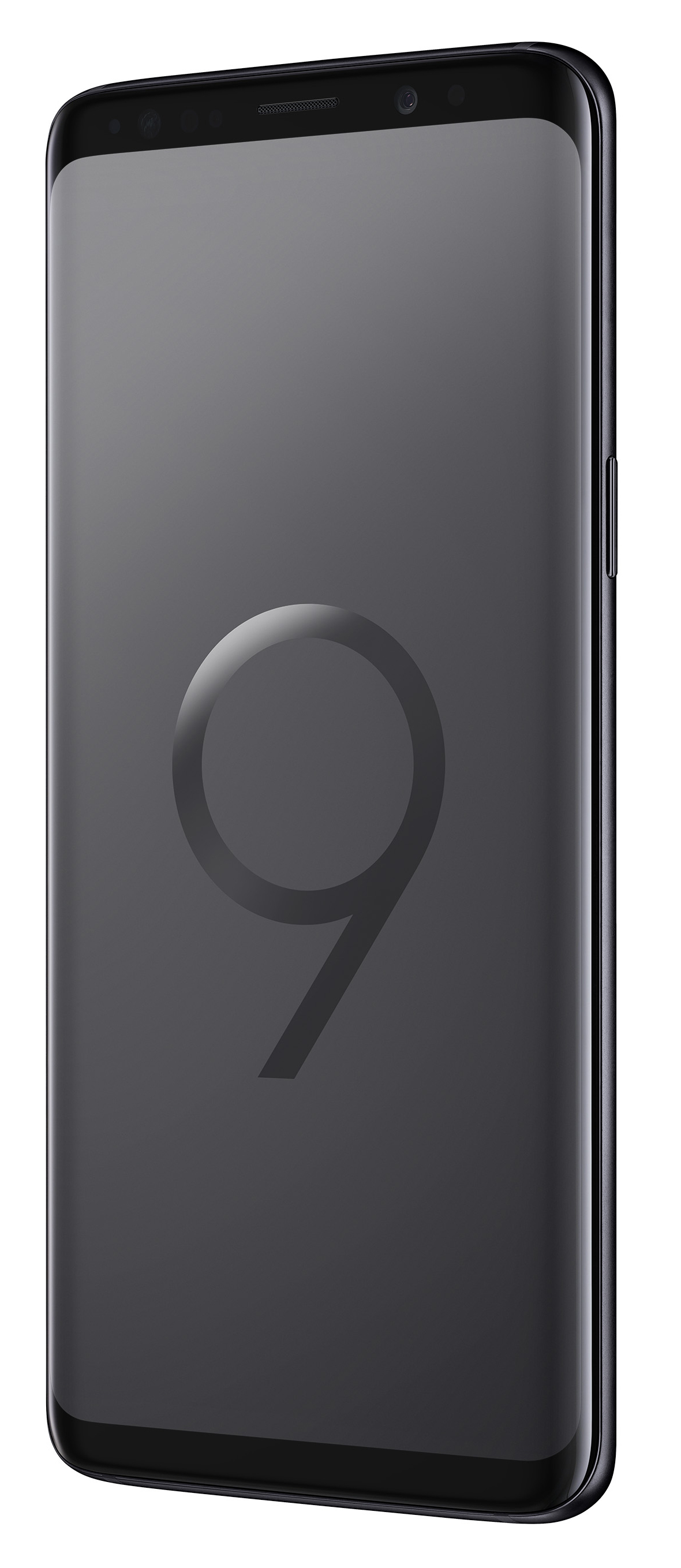 Ein schwarzes Smartphone mit der Zahl 9 in der Mitte des Bildschirms. Das Telefon befindet sich auf weißem Hintergrund.