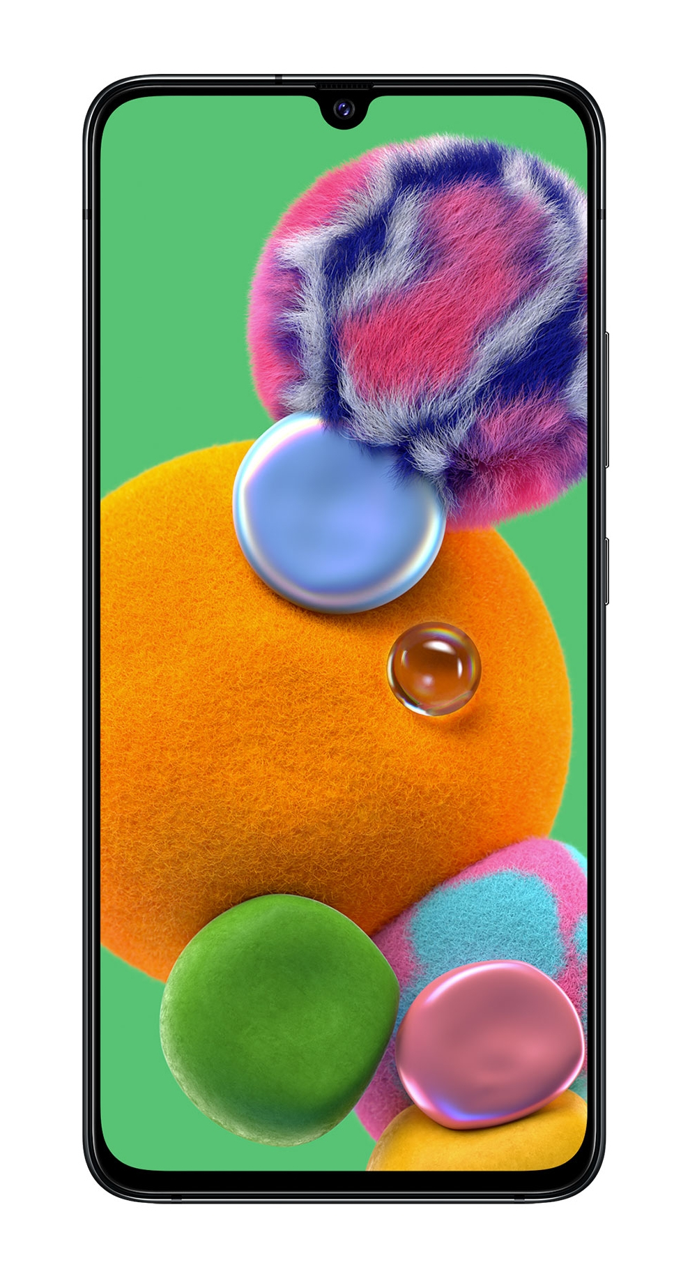 Ein Telefonbildschirm zeigt farbenfrohe abstrakte Formen: Pink, Blau, Orange, Grün und Gelb. Ein schwarzer Telefonrahmen umgibt den Bildschirm.