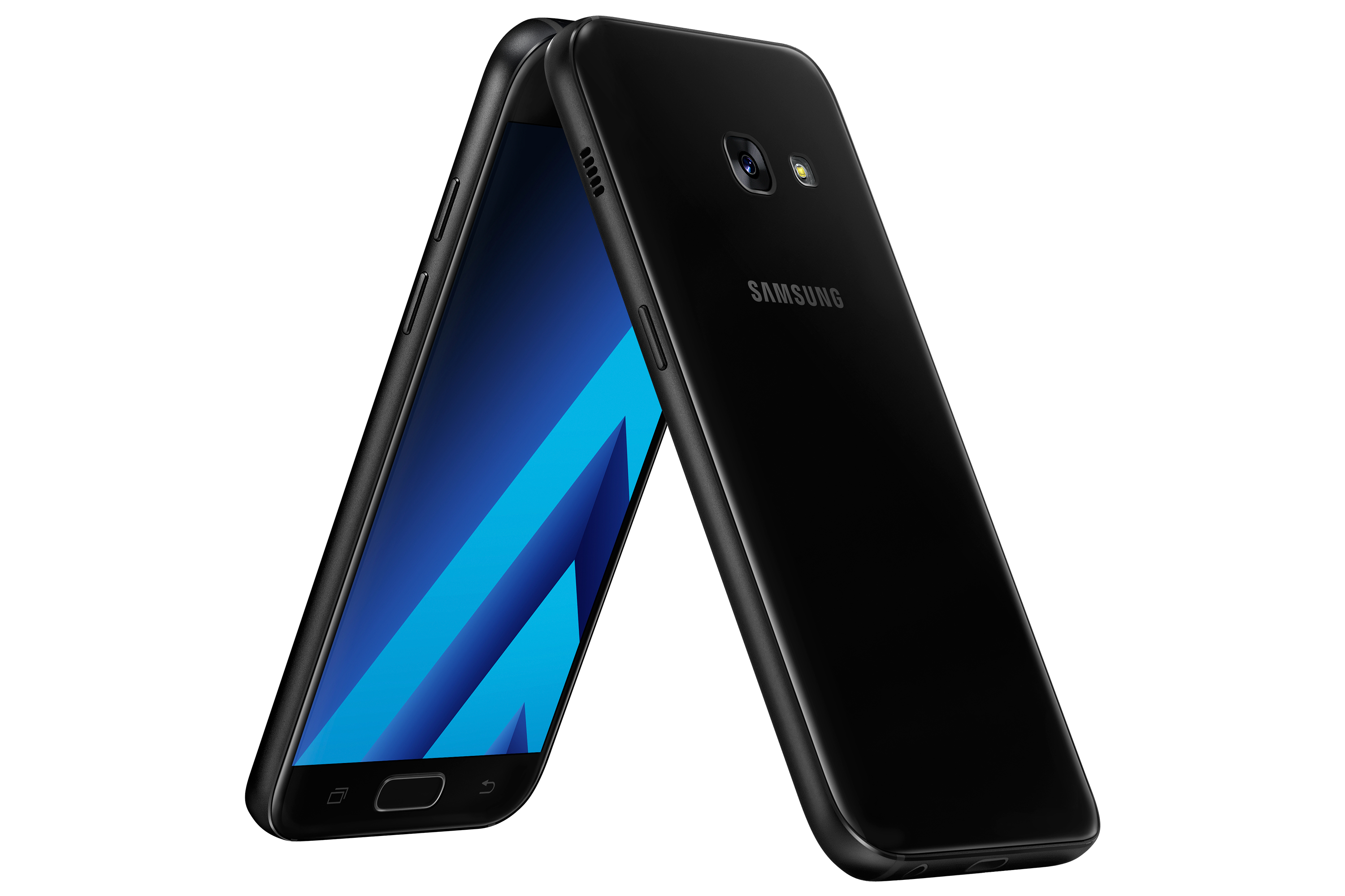 Due telefoni Samsung neri sono mostrati, uno leggermente aperto, rivelando uno schermo blu. Lo sfondo è bianco.