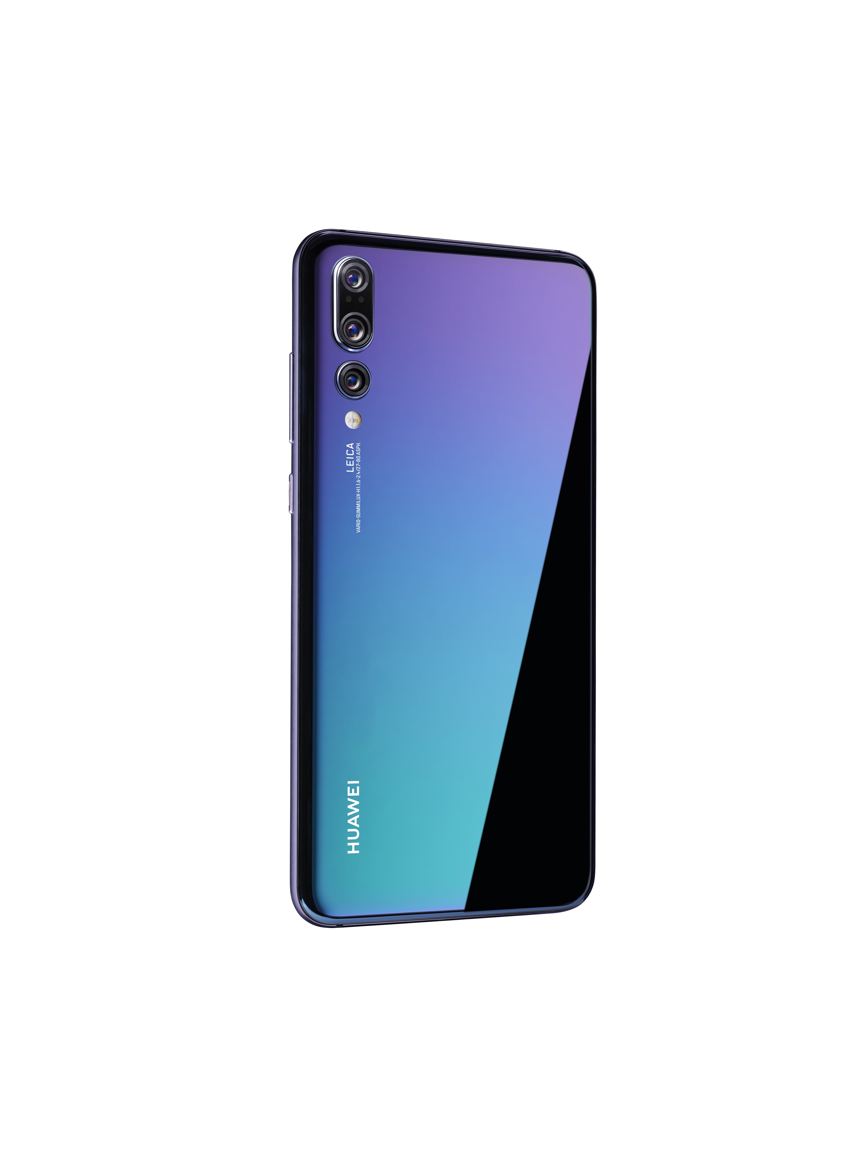 Ein Smartphone mit blau-lila Farbverlauf, Dreifachkameras und Huawei-Logo. Isoliert auf weißem Hintergrund.