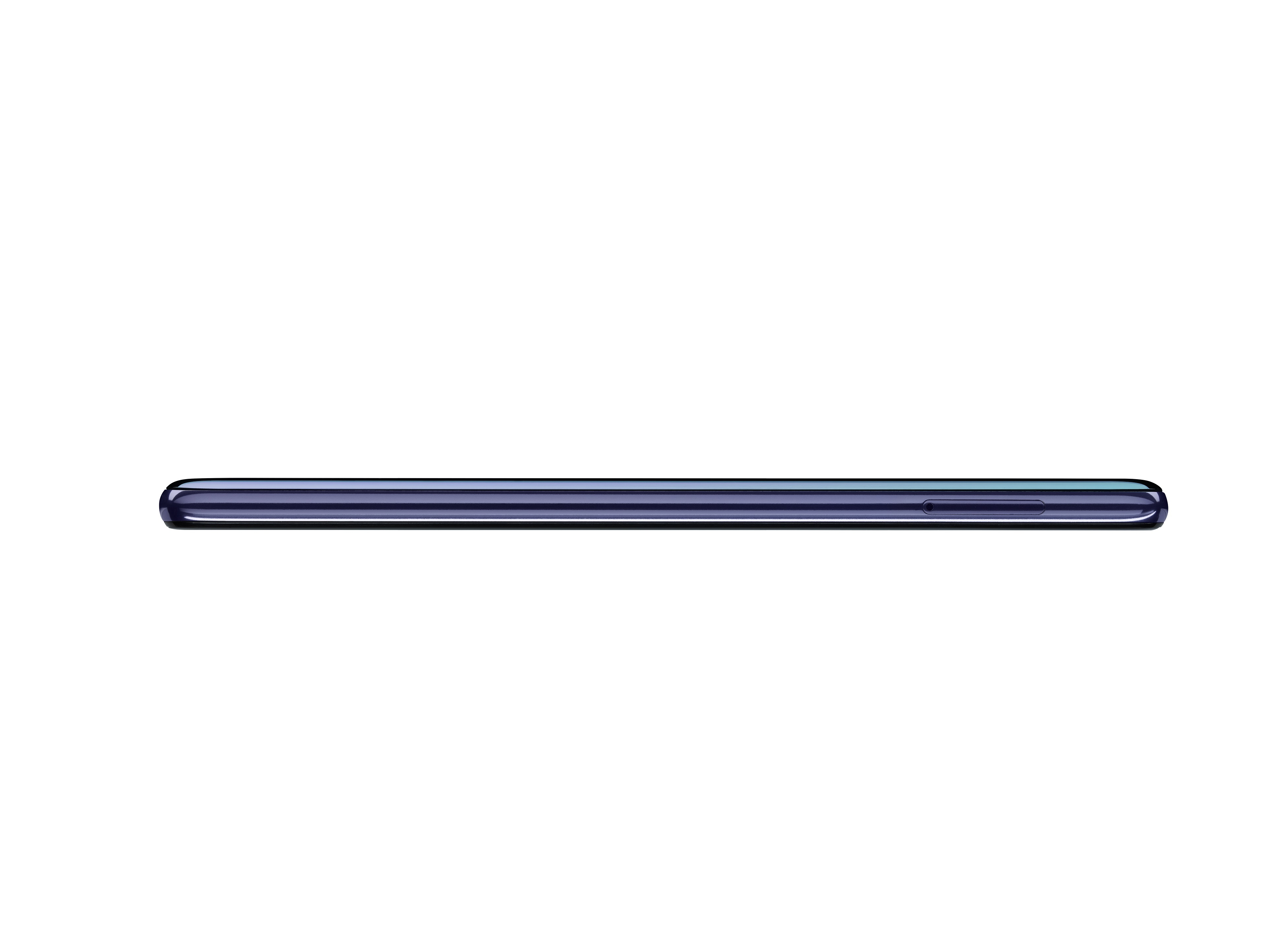 Seitenansicht eines Smartphones. Es hat eine dunkelblaue Farbe mit sichtbaren Ein-/Aus- und Lautstärketasten.