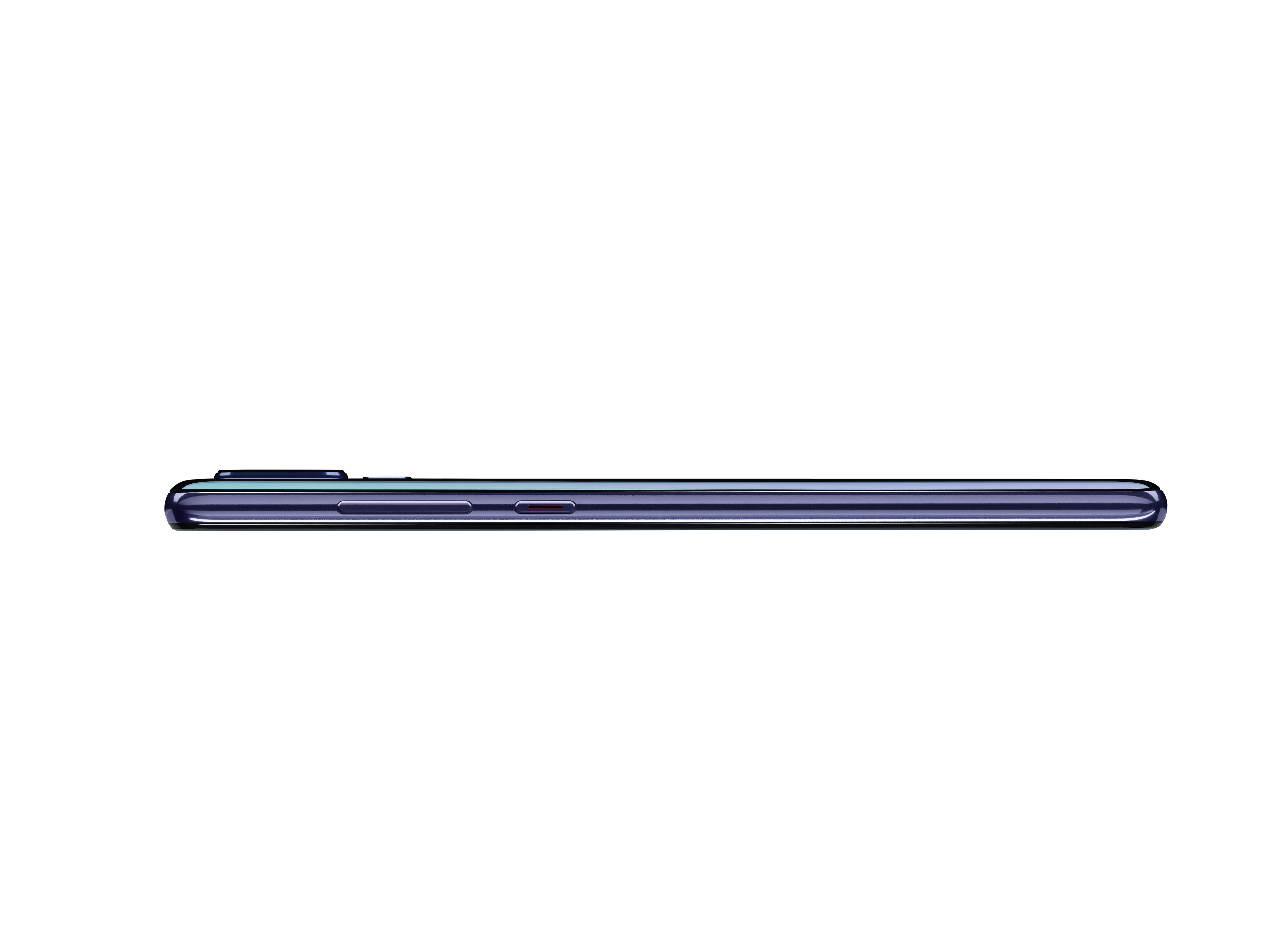 Seitenansicht eines dunkelvioletten Smartphones. Es zeigt Power- und Lautstärketasten. Der Hintergrund ist weiß.