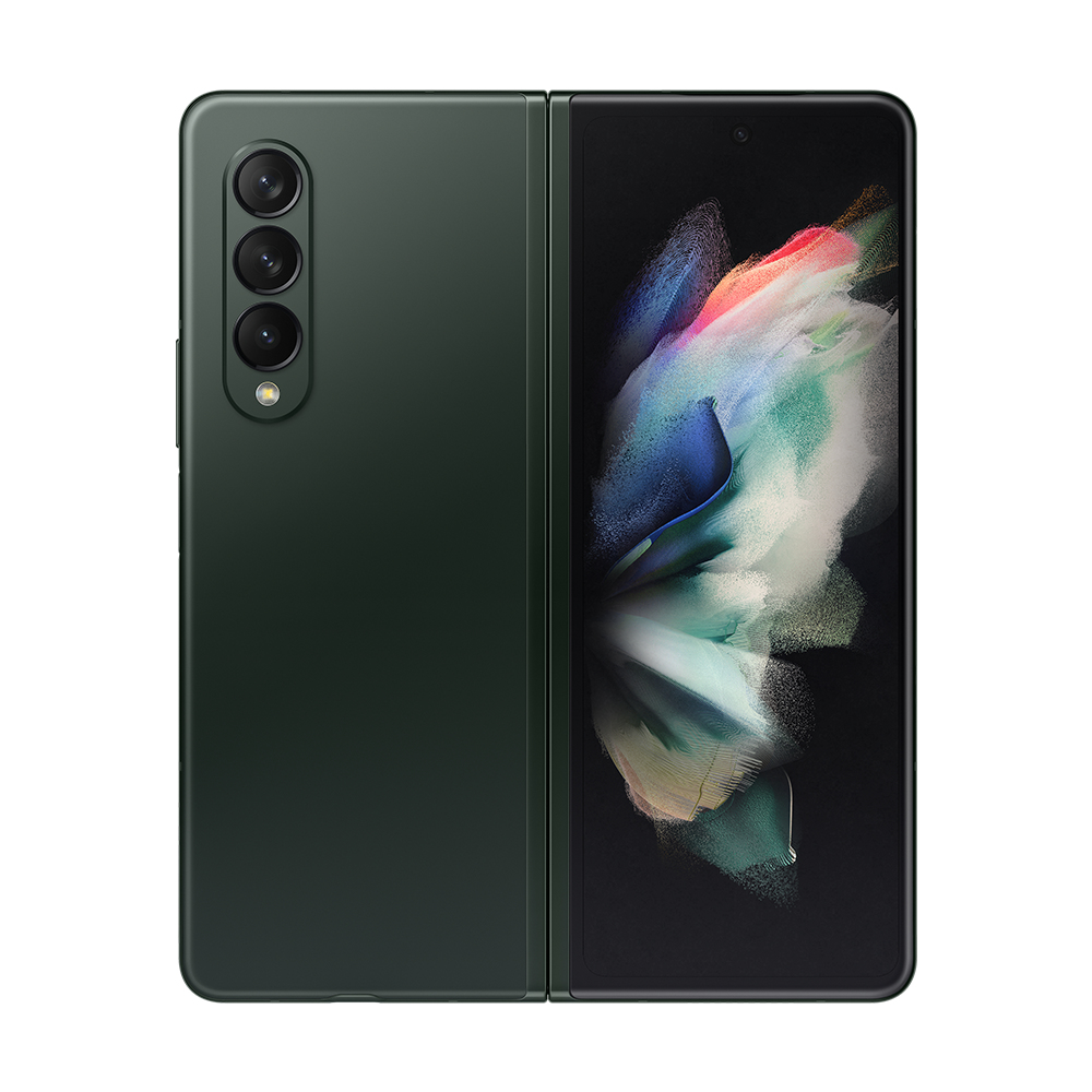 Uno smartphone verde pieghevole è aperto. Il lato sinistro ha fotocamere. Il lato destro ha uno schermo con forme colorate astratte.