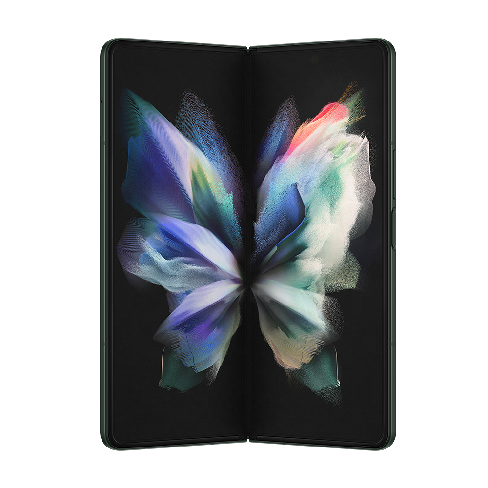 Telefono pieghevole, aperto. Lo schermo mostra un design astratto e colorato. Il telefono è verde scuro.