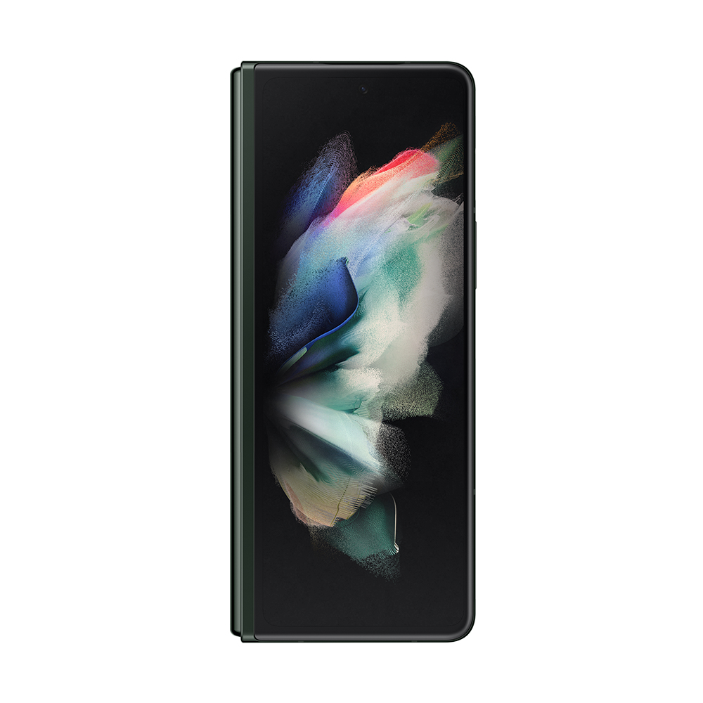 Smartphone pieghevole, esterno verde scuro. Lo schermo mostra arte astratta colorata su sfondo nero. Piegato, in posizione verticale.