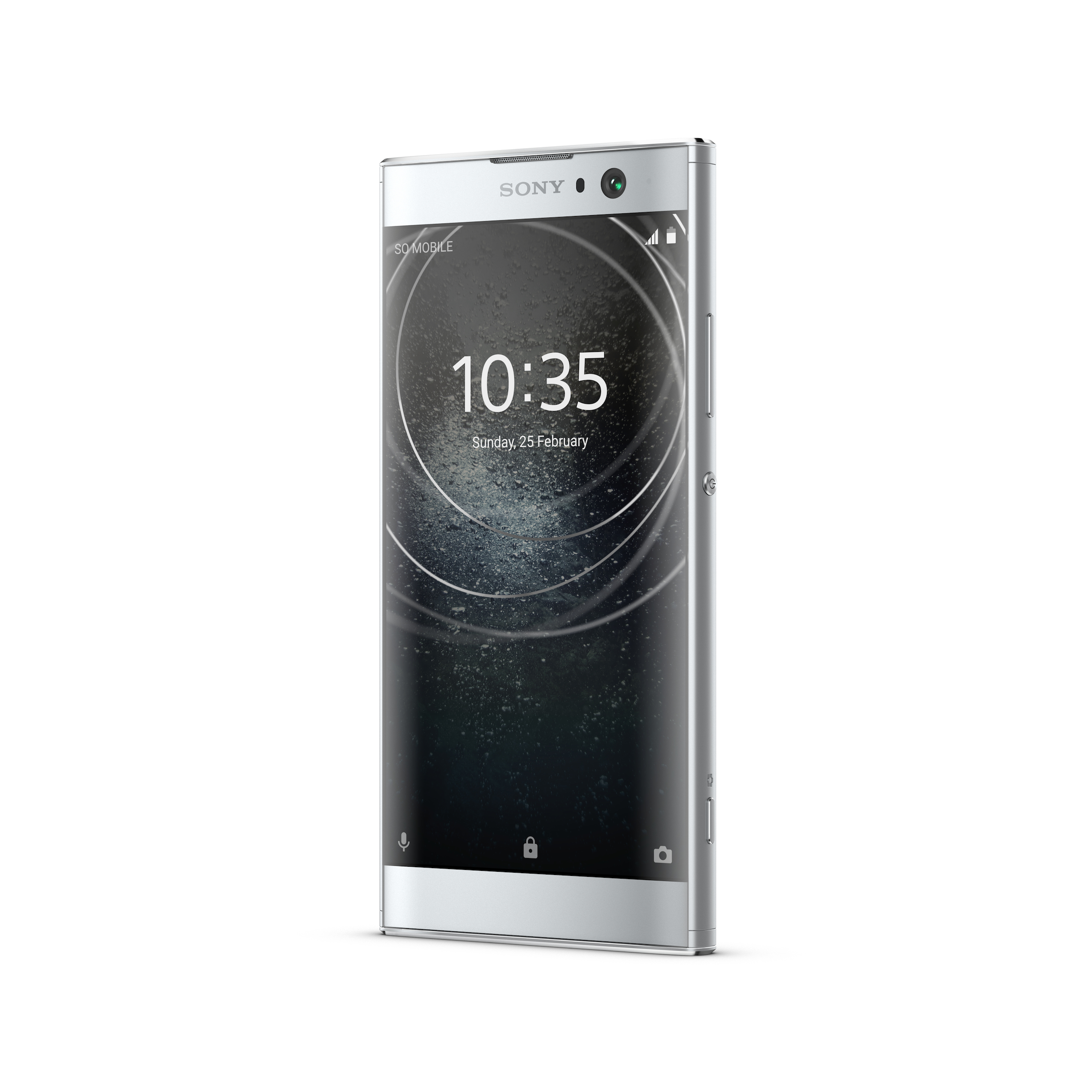 Ein silbernes Sony-Smartphone mit einem dunklen Bildschirm, der 10:35, 25. Februar anzeigt. Das Telefon ist auf weißem Grund.