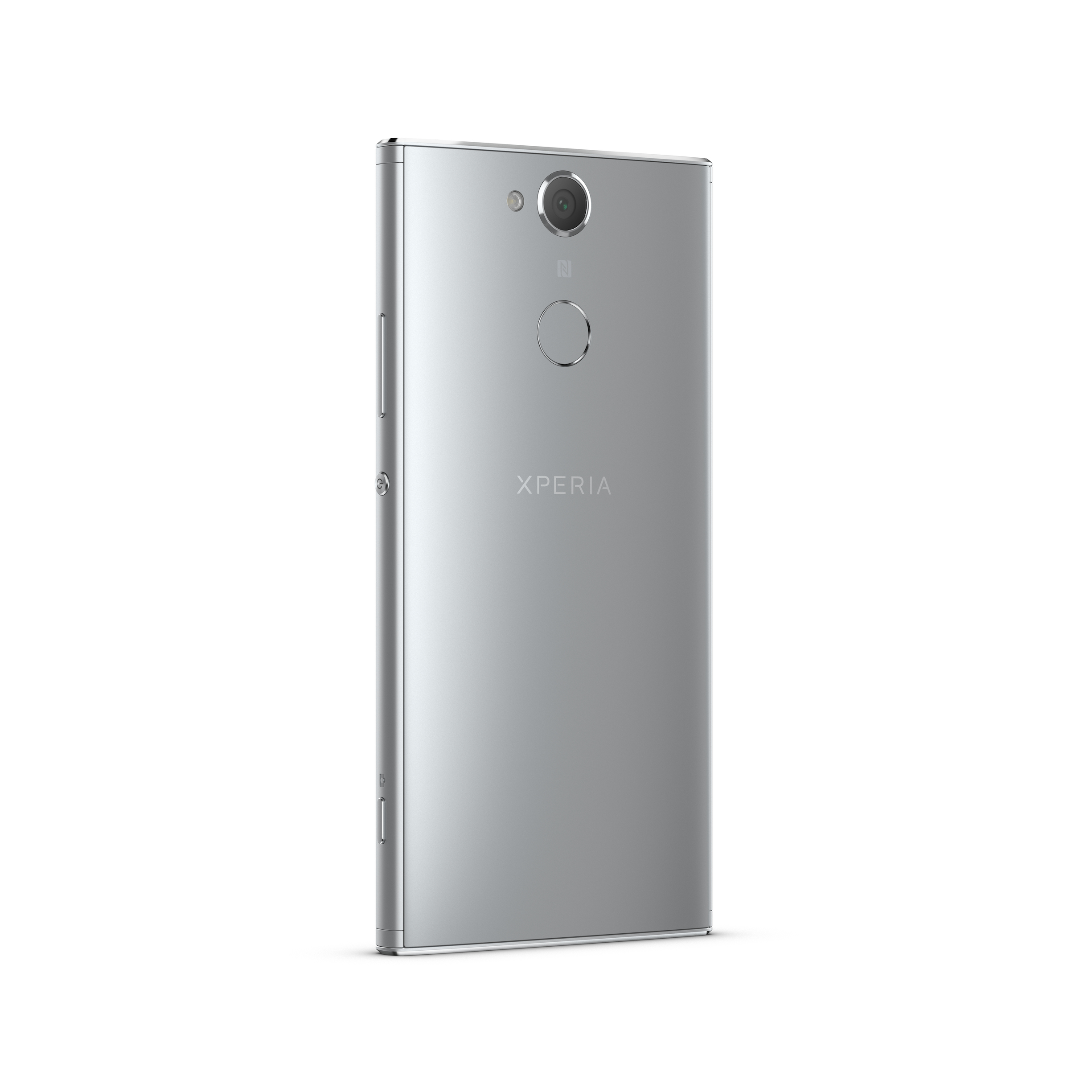 Silbernes Smartphone. Rückansicht mit Kamera, Blitz und Fingerabdrucksensor. Das Wort XPERIA ist gedruckt.