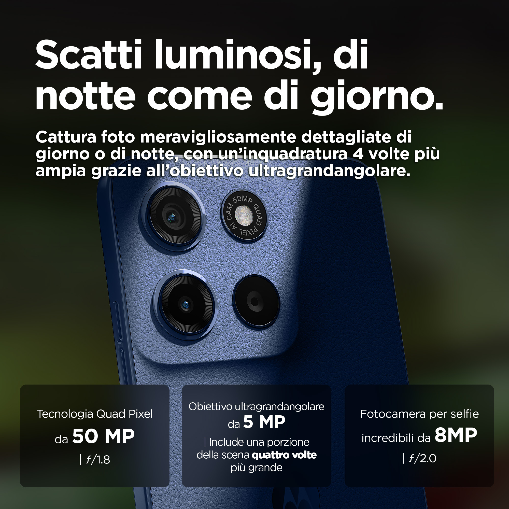 Niebieski telefon z obiektywami aparatu. Tekst wyświetla specyfikacje i funkcje: 50MP Quad Pixel, 5MP ultraszerokokątny i aparat do selfie 8MP.