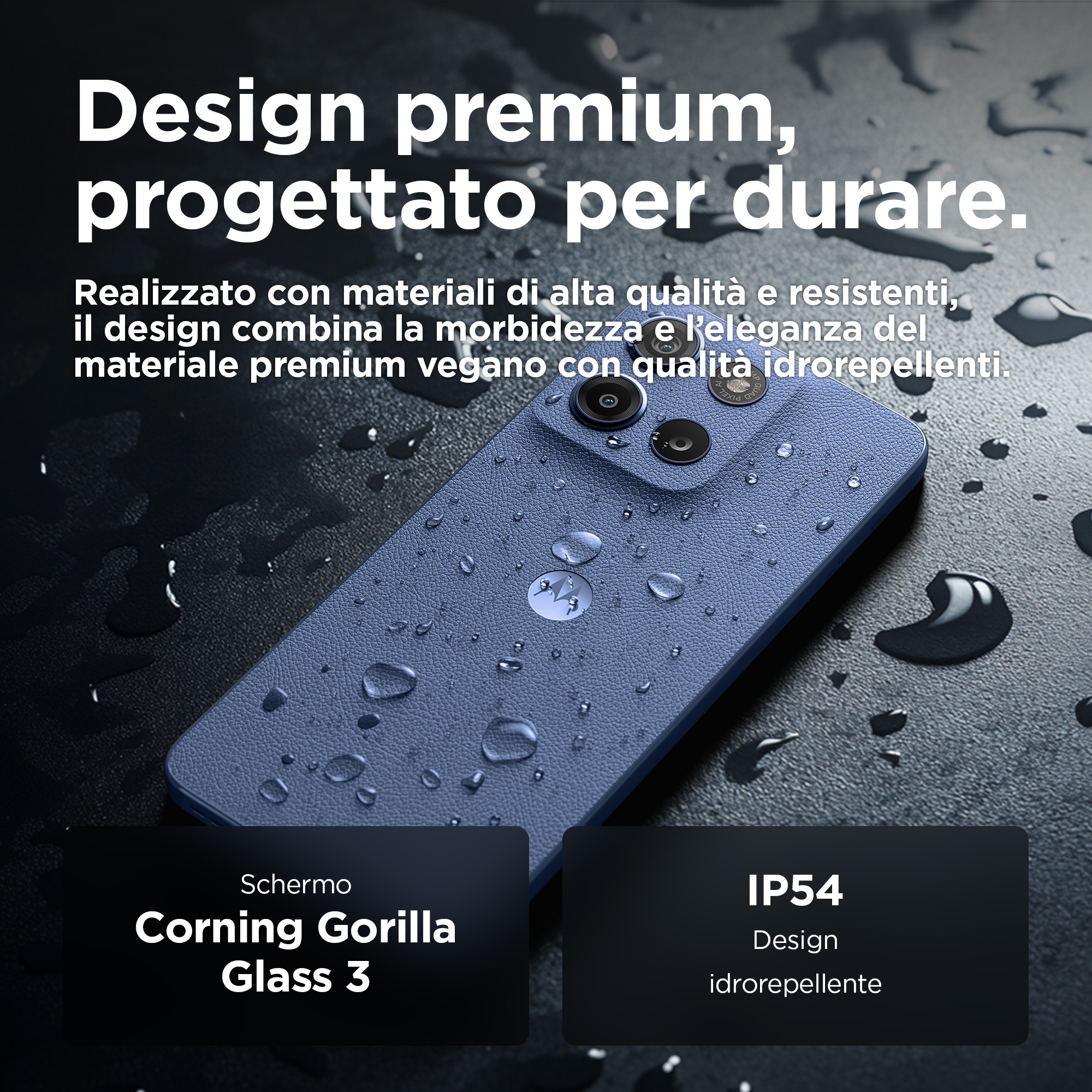 Niebieski telefon z kroplami wody. Tekst: Premium design, Corning Gorilla Glass 3, Design IP54.