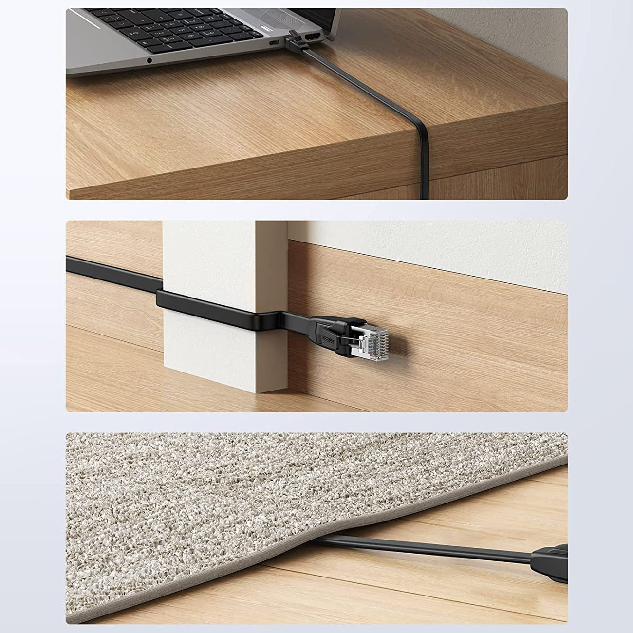 Kabel sieciowy jest podłączony do laptopa, biegnie po drewnianej powierzchni, wokół białego bloku i pod dywanem.