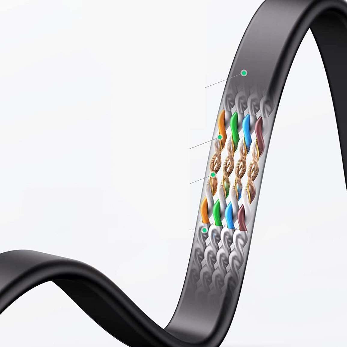 Przekrój czarnego kabla z kolorowymi przewodami w środku. Widoczne są pomarańczowe, niebieskie, zielone i brązowe przewody.