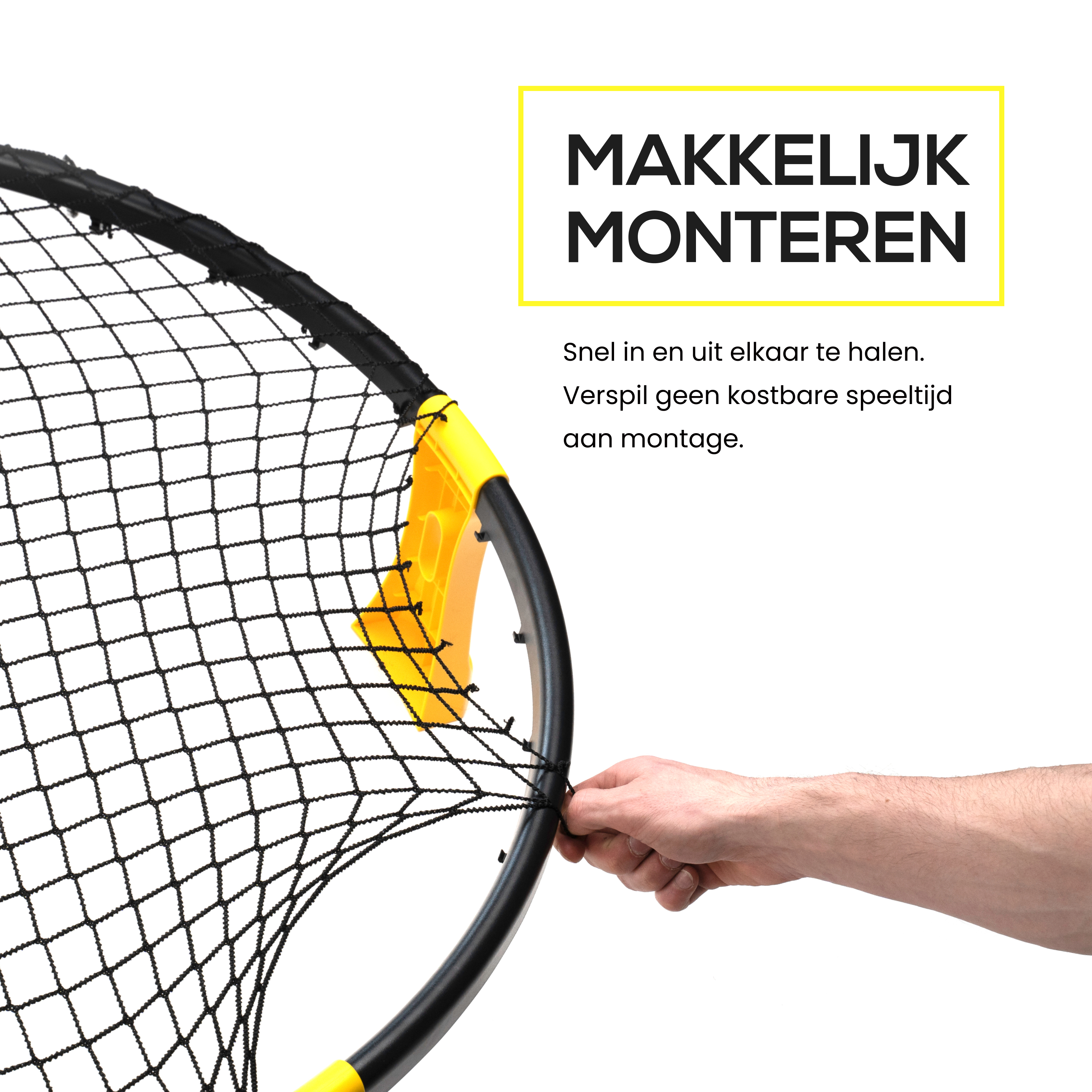 Eine Hand montiert ein schwarzes Netz, gelbe Akzente und Text auf Niederländisch: Einfache Montage. Schnell zu montieren.