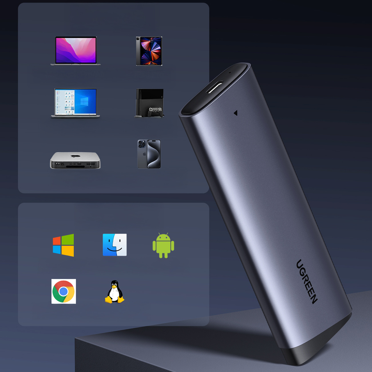 Zewnętrzny dysk UGREEN stoi na platformie. Otaczają go ikony komputerów i systemów operacyjnych.