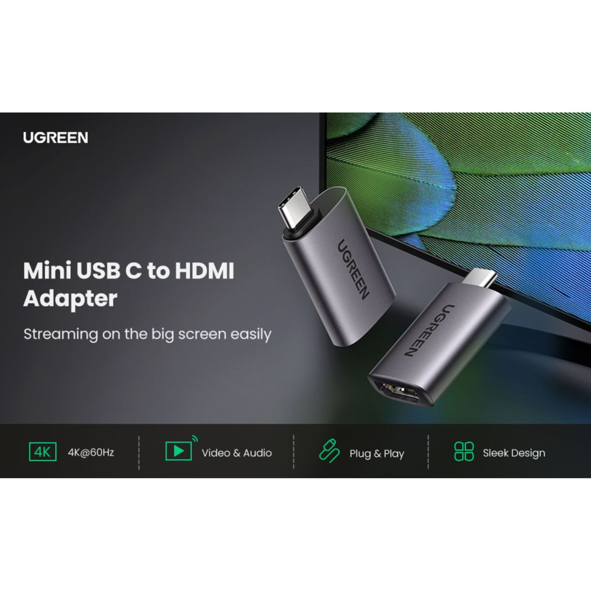 Adapter UGREEN Mini USB C na HDMI. Dwa szare adaptery z logo UGREEN, tło to ekran.