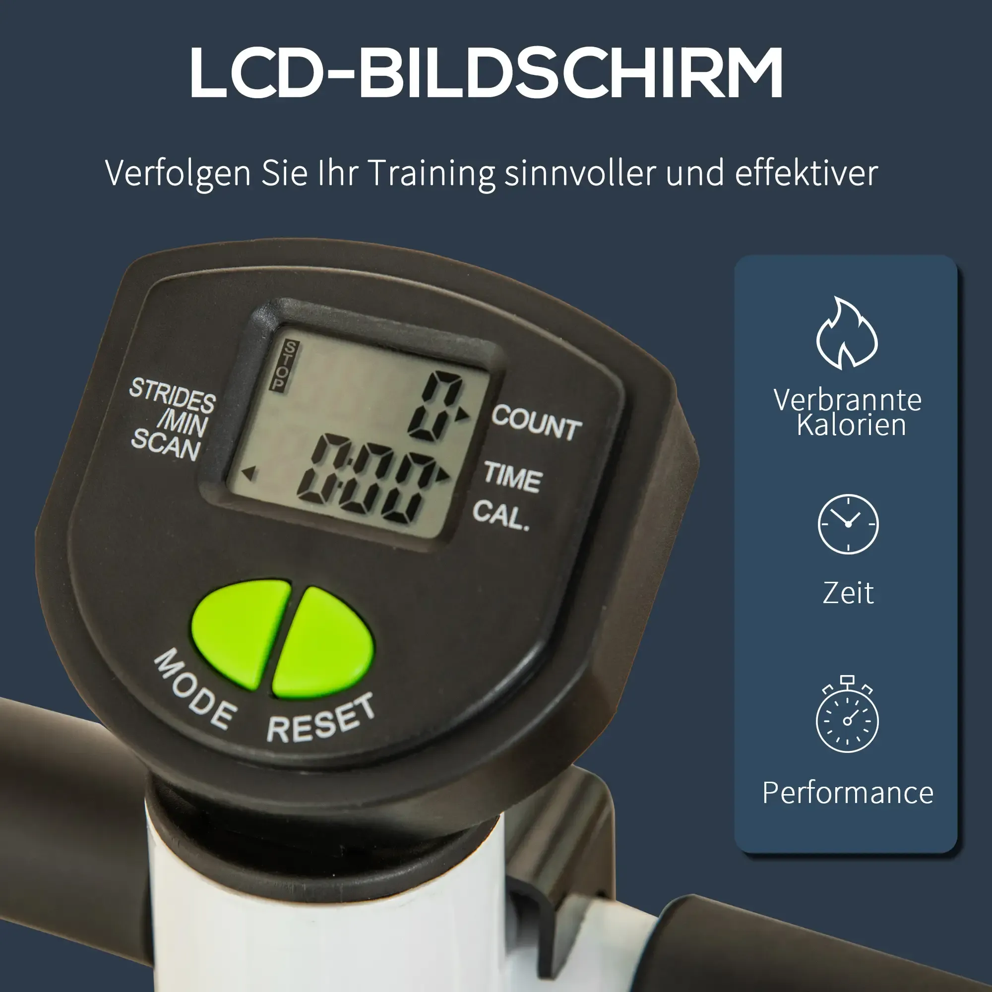 Anzeigebildschirm eines Trainingsgeräts mit Statistiken wie Zeit, Kalorien und Leistung. Es hat Knöpfe und einen digitalen Bildschirm.