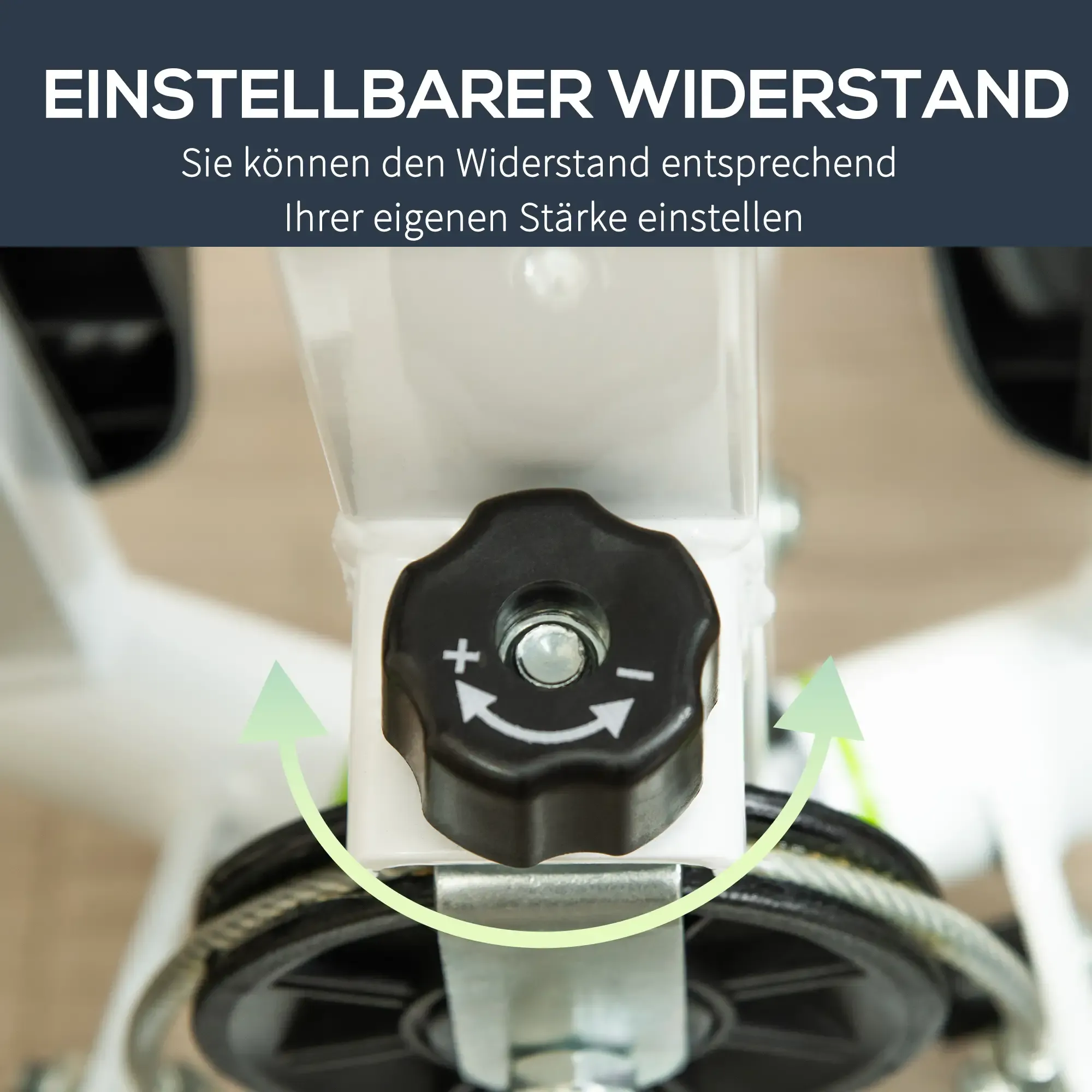 Schwarzer Knopf mit + und - Symbolen. Grüne Pfeile zeigen die Einstellung an. Text: Einstellbarer Widerstand.