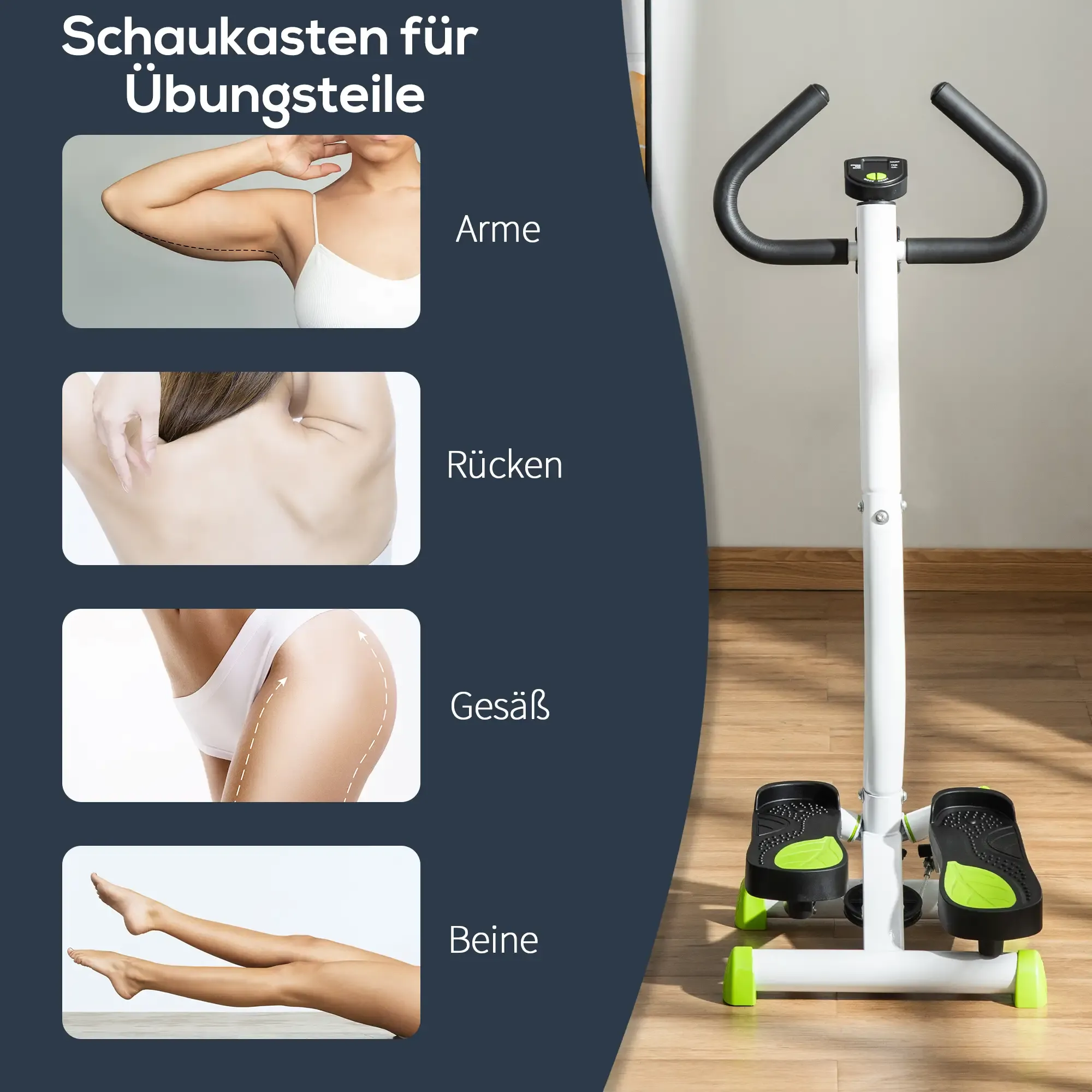 Gezeigt wird ein Trainingsgerät mit weißem Rahmen und schwarzen Griffen. Das Bild zeigt Körperteile mit gestrichelten Linien für Übungen.