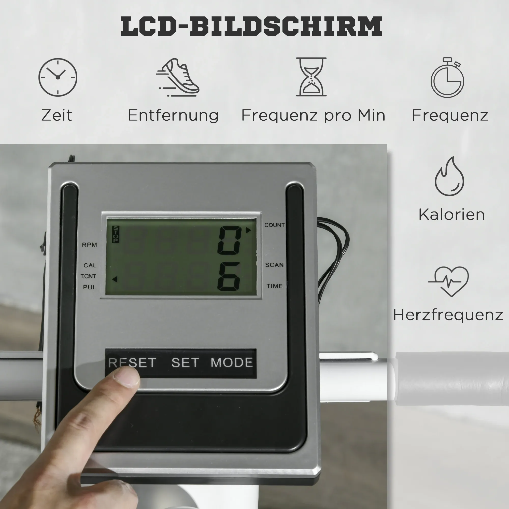 LCD-Bildschirm eines Trainingsfahrrads mit Statistiken. Ein Finger drückt die Reset-Taste. Symbole für Zeit, Distanz und Herzfrequenz sind abgebildet.