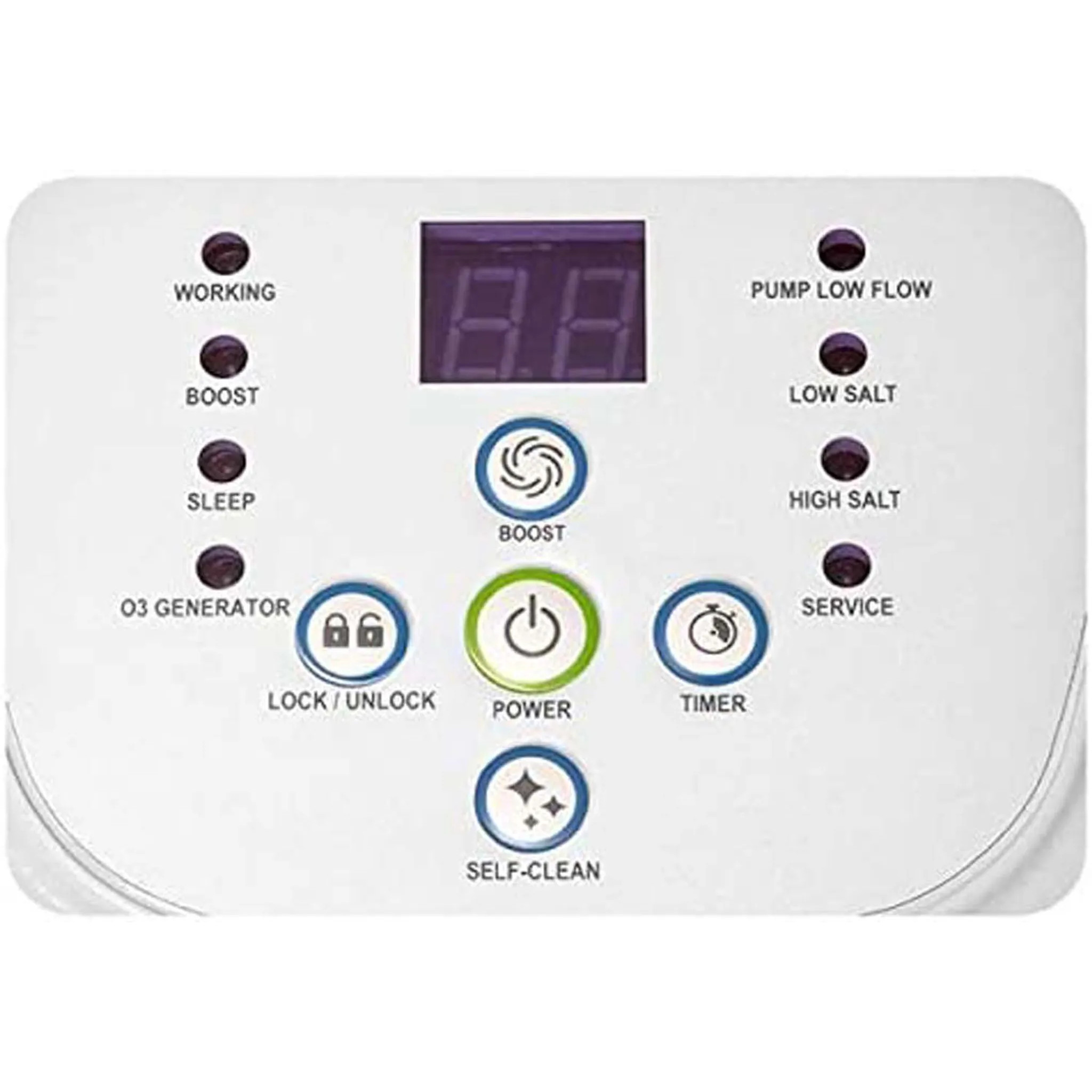 Bedienfeld mit Tasten für Strom, Boost, Timer und andere Funktionen. Eine Digitalanzeige zeigt eine Zahl. Anzeigeleuchten sind sichtbar.