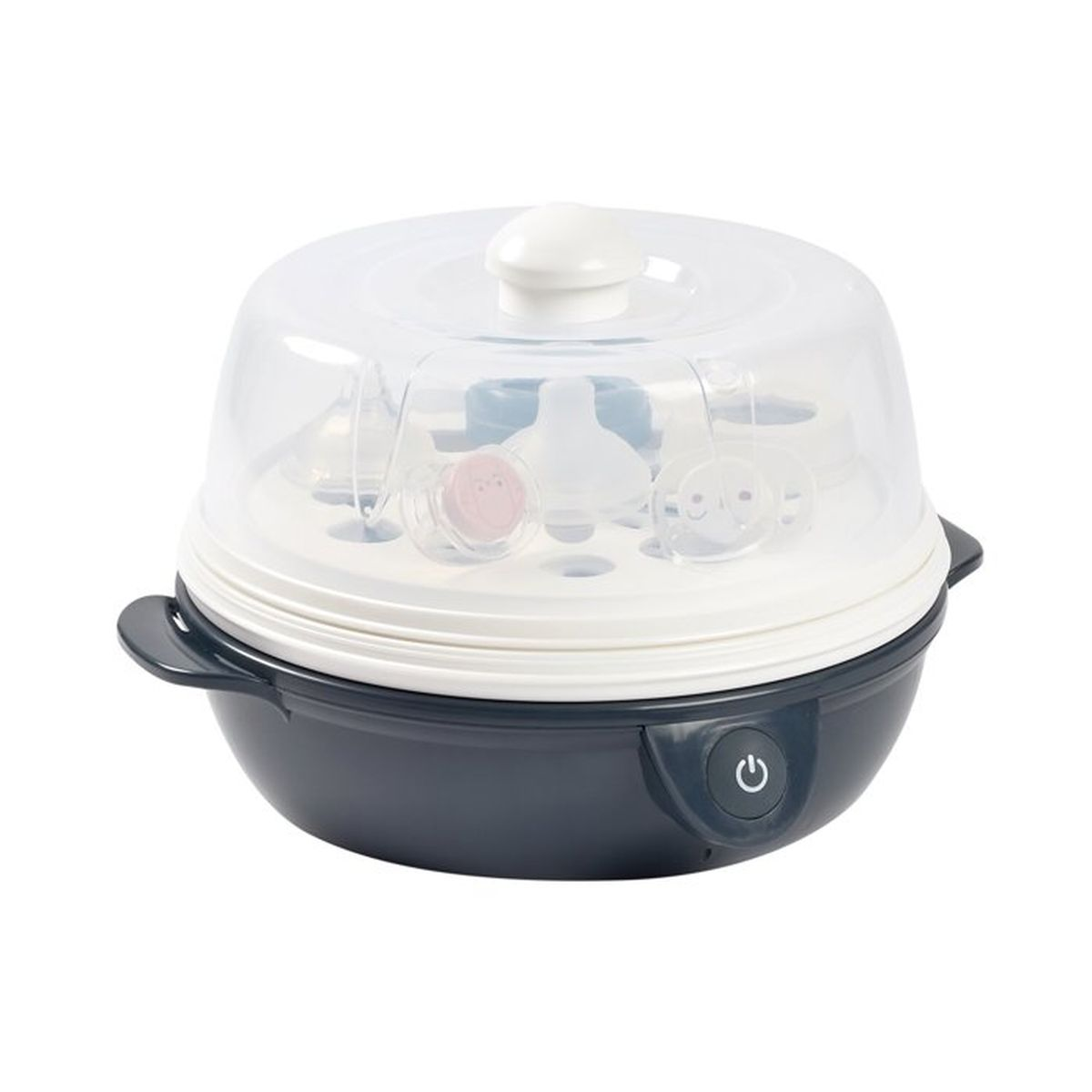 Ein Babyflaschensterilisator. Er hat eine transparente Kuppel, einen weißen Sockel und einen dunkelblauen Unterteil.