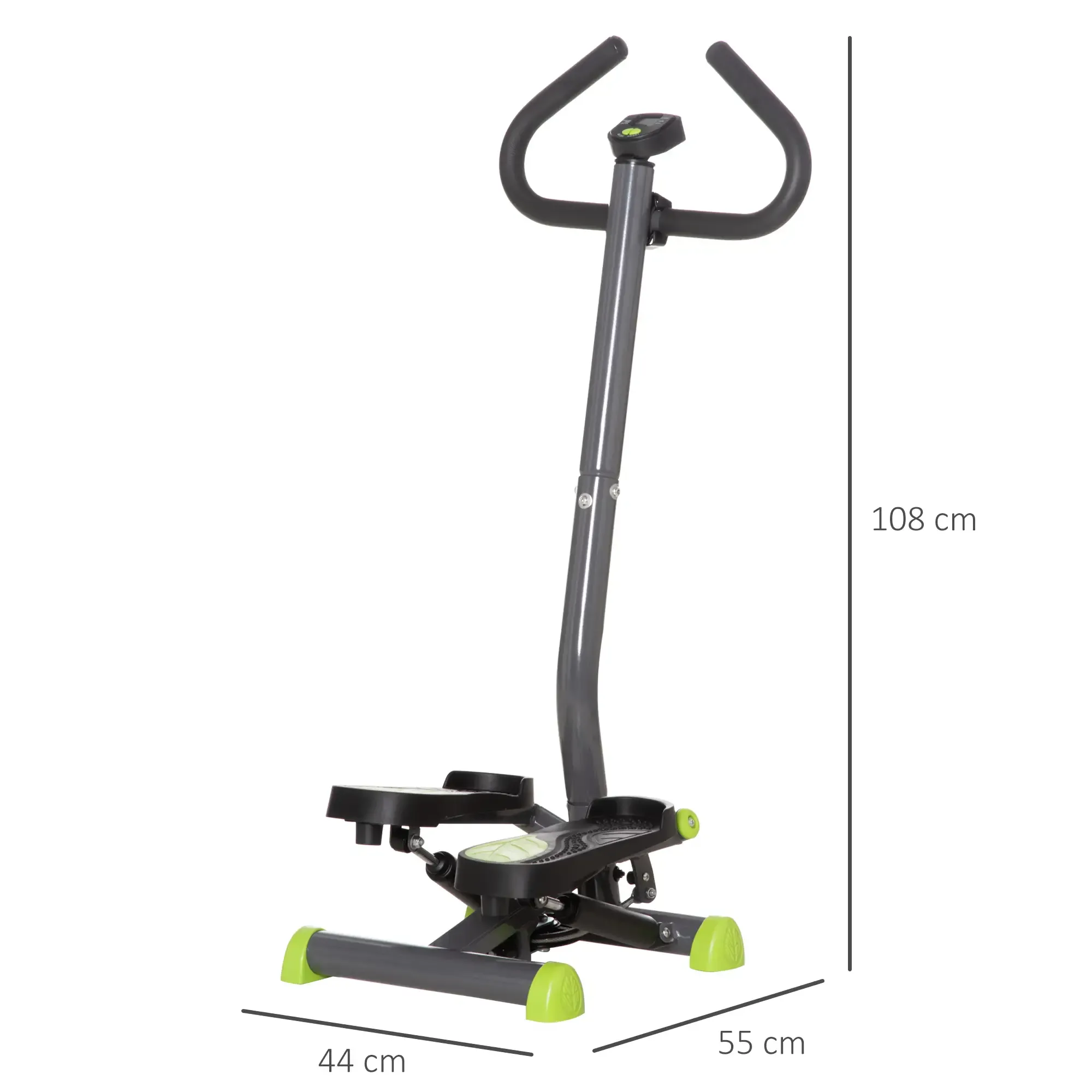 Ein Stepper mit grauem Rahmen, schwarzen Pedalen und limettengrünen Akzenten. Abmessungen werden angezeigt.