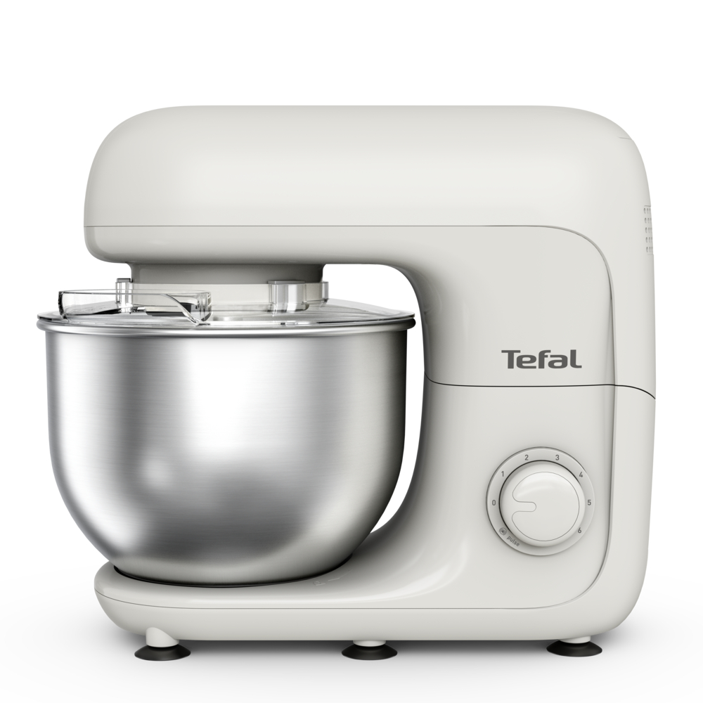 Ein weißer Tefal-Küchenmixer. Er hat eine Edelstahlschüssel, einen transparenten Spritzschutz und einen Drehregler.