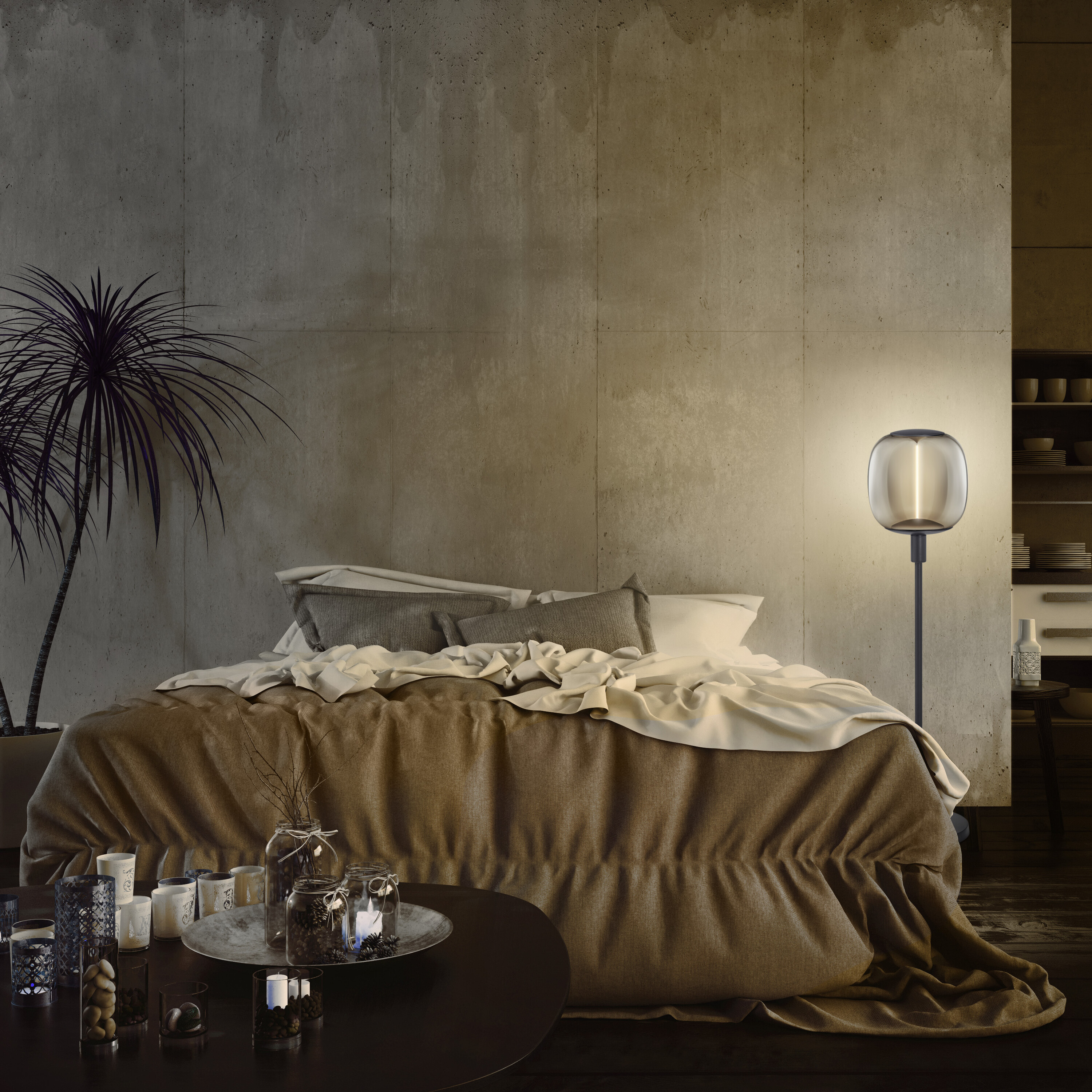 Ein Schlafzimmer mit Bett, Lampe, Kerzen und Pflanze. Das Bett hat eine braune Decke. Die Wand ist aus Beton.