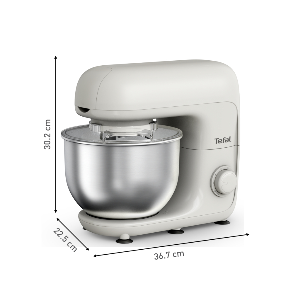 Ein weißer Tefal-Küchenmixer mit Edelstahlschüssel. Abmessungen: 30,2 cm hoch, 22,5 cm breit und 36,7 cm lang.