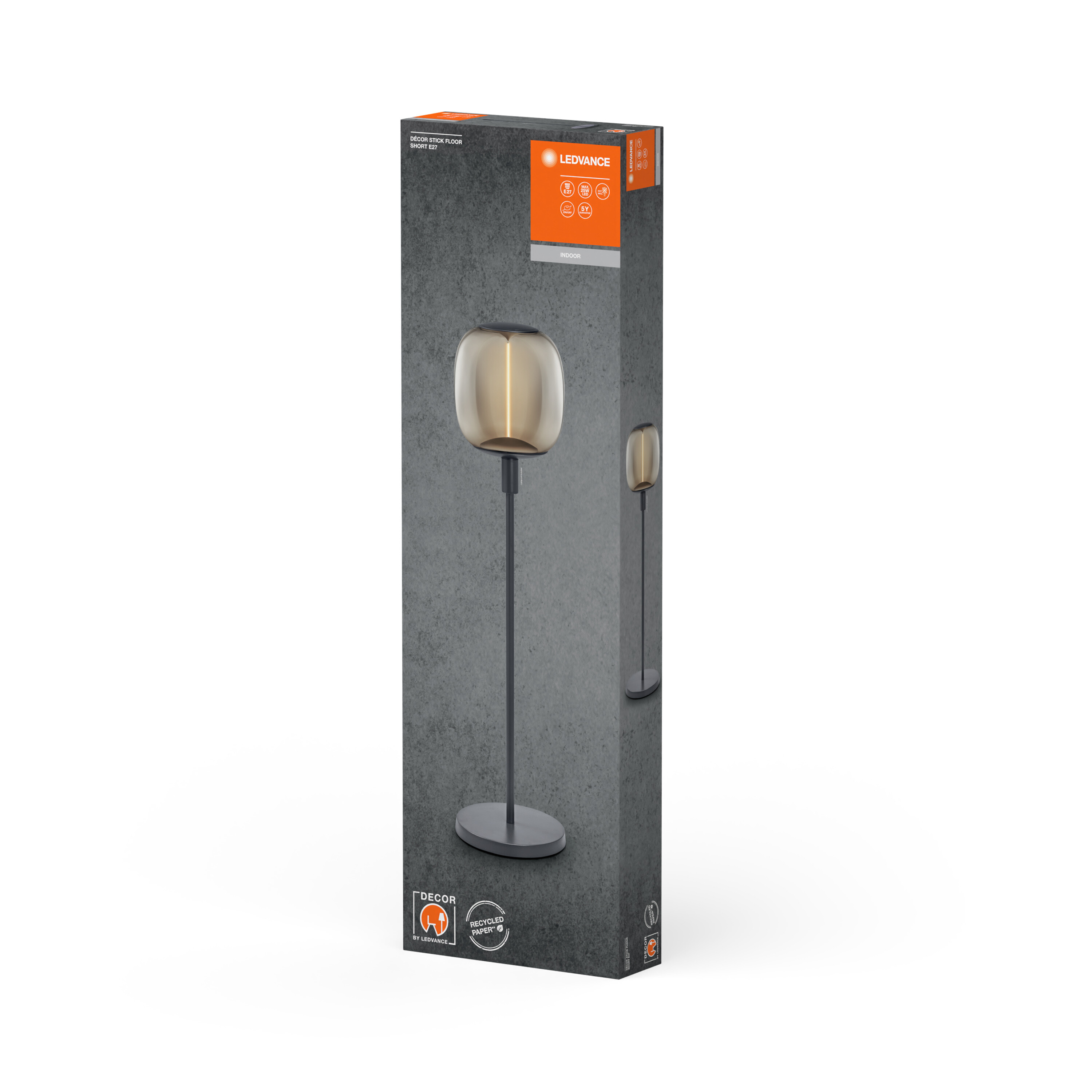 Eine Stehlampe in einer Box. Die Lampe hat einen schwarzen Fuß, einen Stiel und einen Glasschirm. Die Box ist grau.