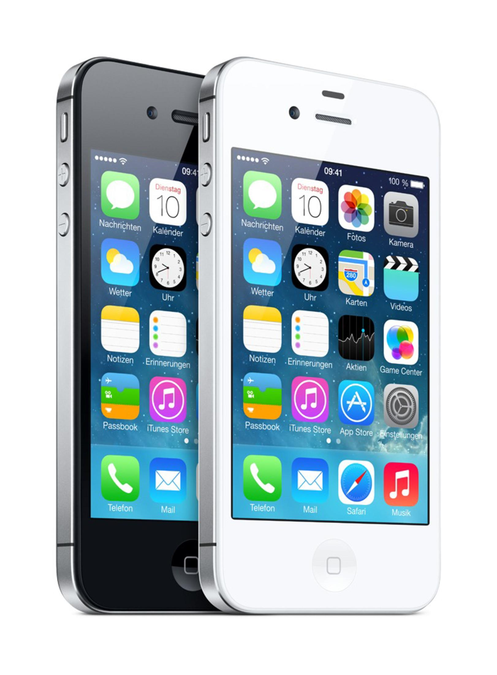 Zwei iPhone 4 Smartphones, eines schwarz und eines weiß, nebeneinander, die App-Symbole auf ihren Bildschirmen anzeigen.