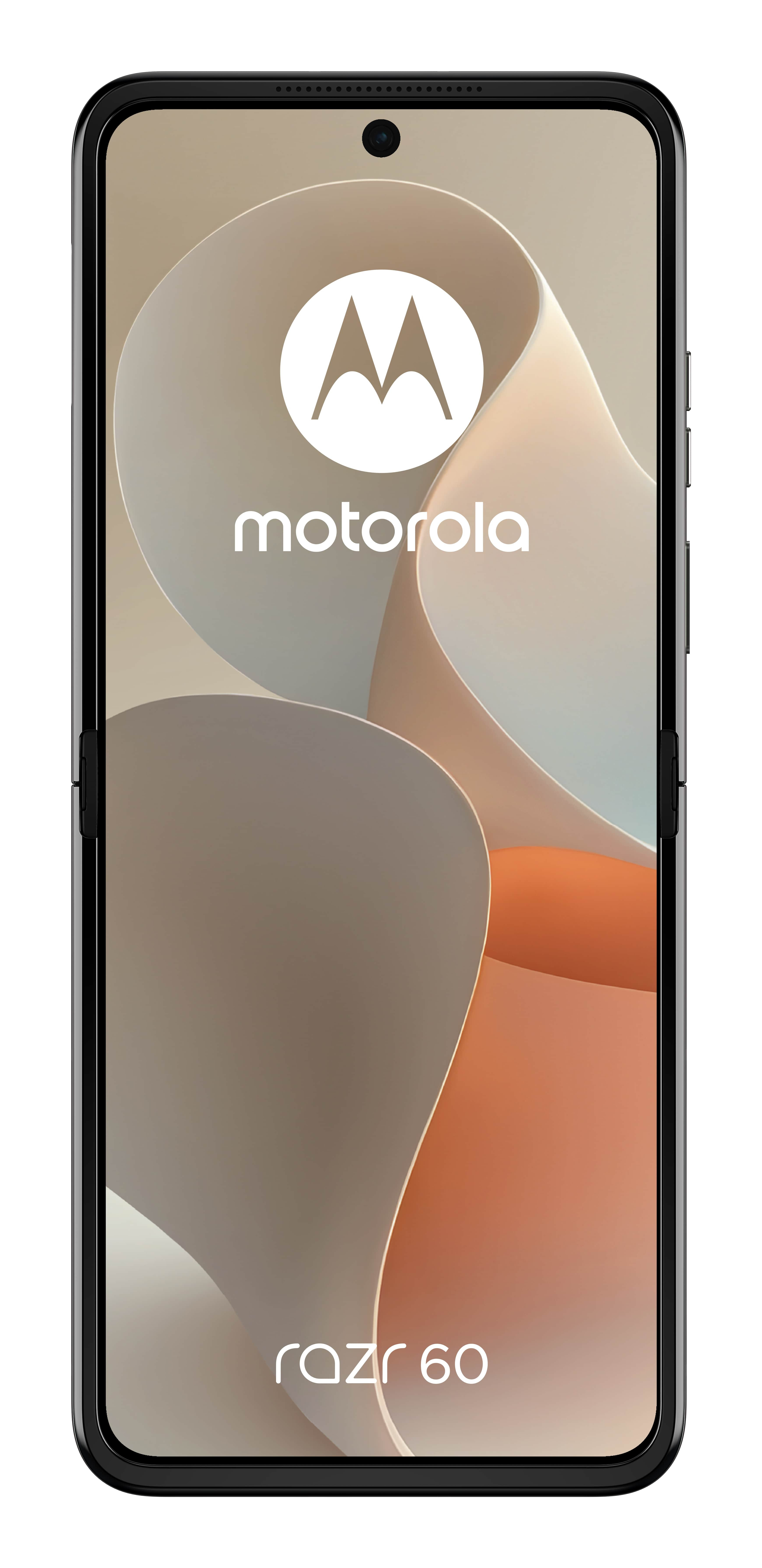 Smartfon z czarną ramką. Ekran wyświetla logo Motorola i napis 'razr 60'.