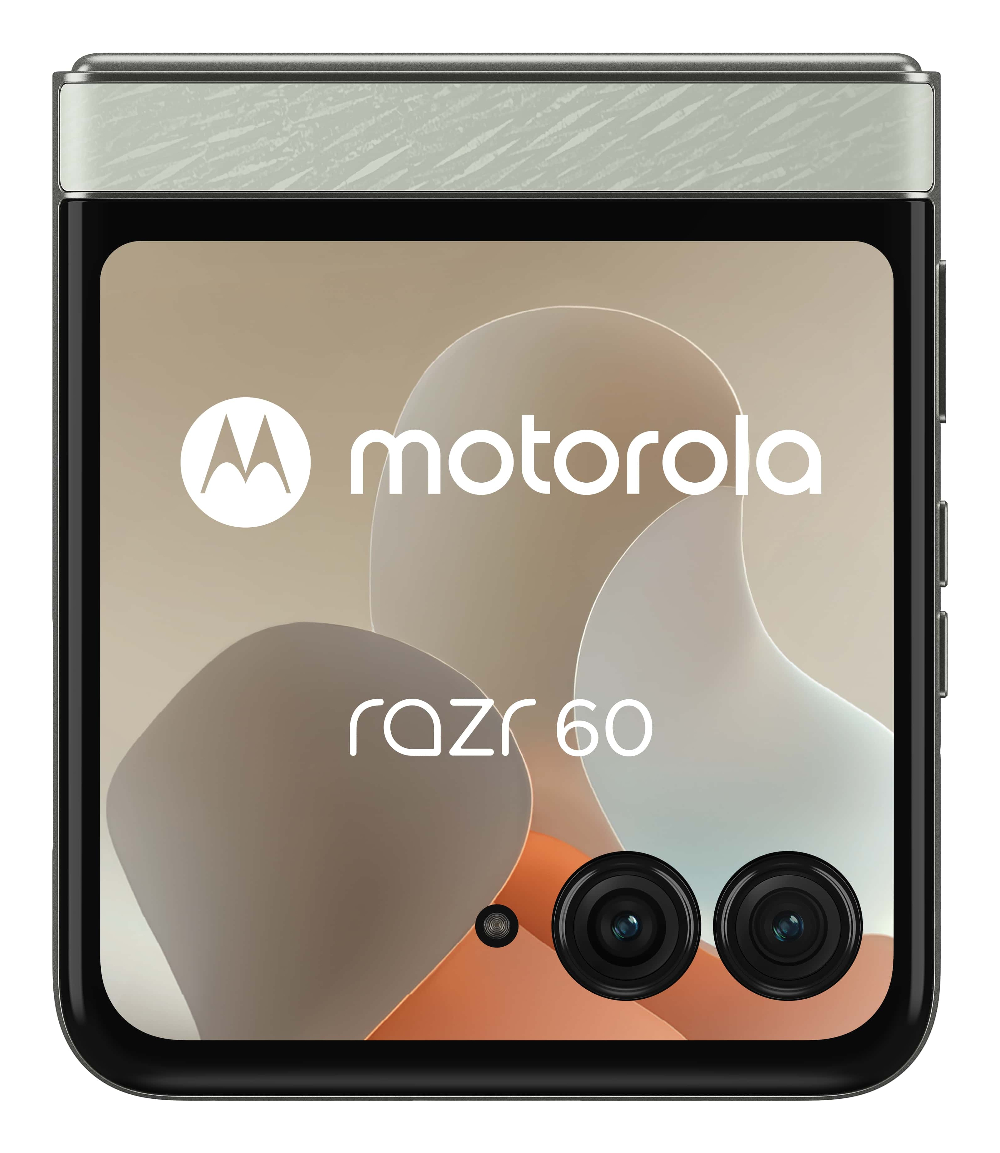 Pokazano telefon Motorola Razr 60, ze składaną konstrukcją. Wyświetla logo Motorola i dwa obiektywy aparatu.