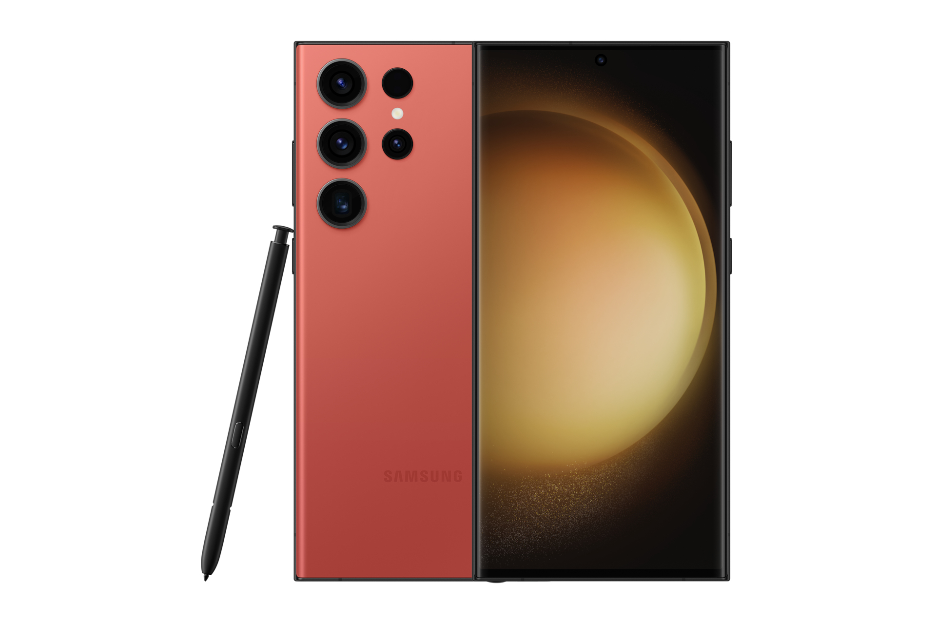 Koralowy telefon Samsung z czarnym rysikiem. Ekran jest włączony. Widoczny jest zestaw kamer. Widoczne logo SAMSUNG.