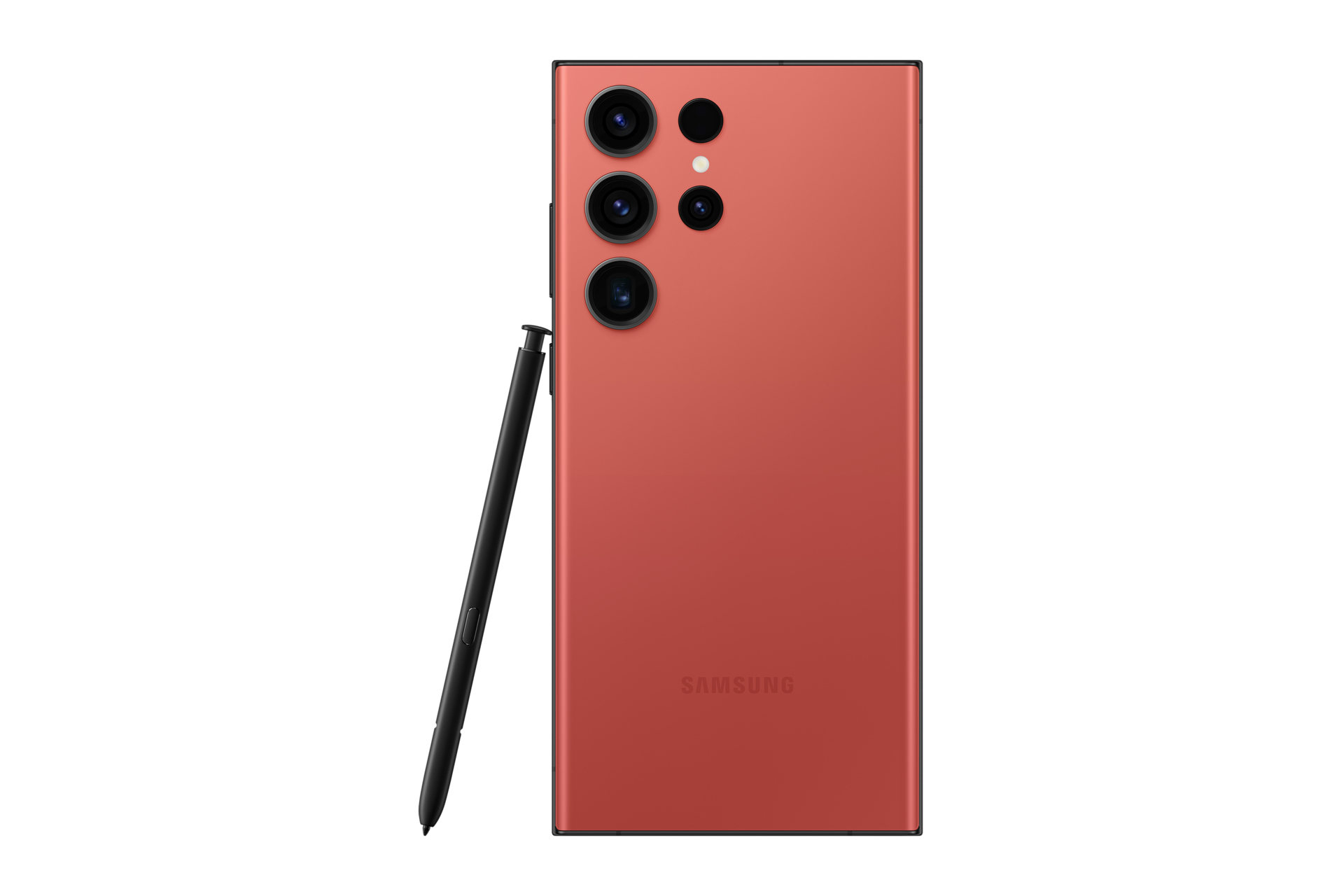 Koralowy telefon Samsung z czarnym rysikiem. Telefon ma wiele obiektywów aparatu. Na tylnej stronie napis 'SAMSUNG'. Białe tło.