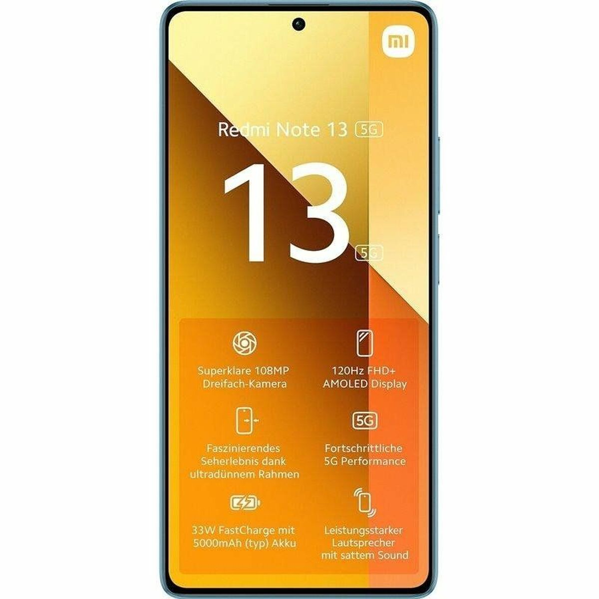 Smartphone-Bildschirm mit "Redmi Note 13 5G", großer "13" und Funktionssymbolen: Kamera, Display, 5G, Akku, Lautsprecher.