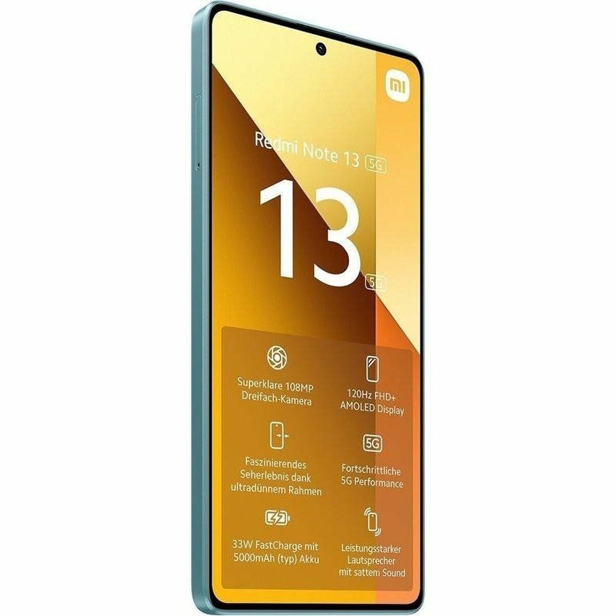 Ein Smartphone mit goldenem Display zeigt '13' in Weiß, Redmi Note 13 5G. Merkmale umfassen Kamera, Display und Akku.