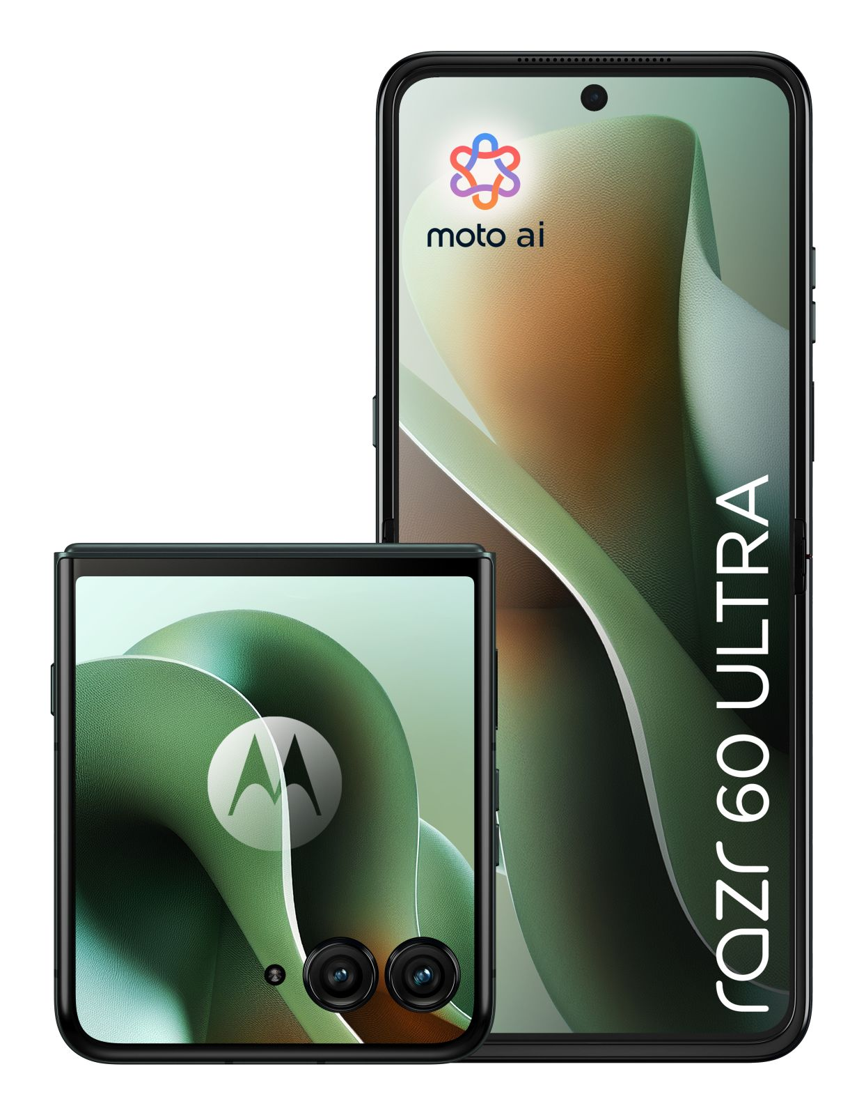 Twee smartphones, één open en één gesloten. De open telefoon toont 'moto ai' en 'razr 60 ultra'. Beide hebben het Motorola-logo.