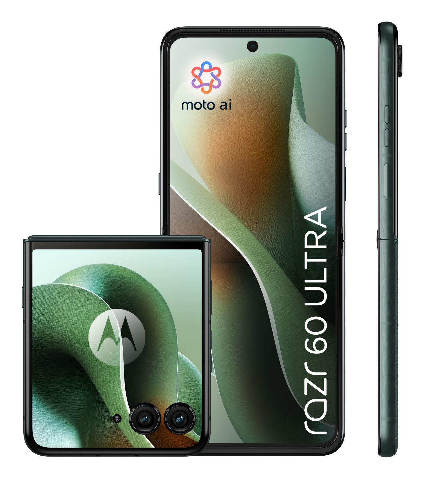 Drie Motorola Razr 60 Ultra telefoons. Eén uitgevouwen, één opgevouwen en één zijaanzicht. Allemaal donkergroen met Motorola logo.