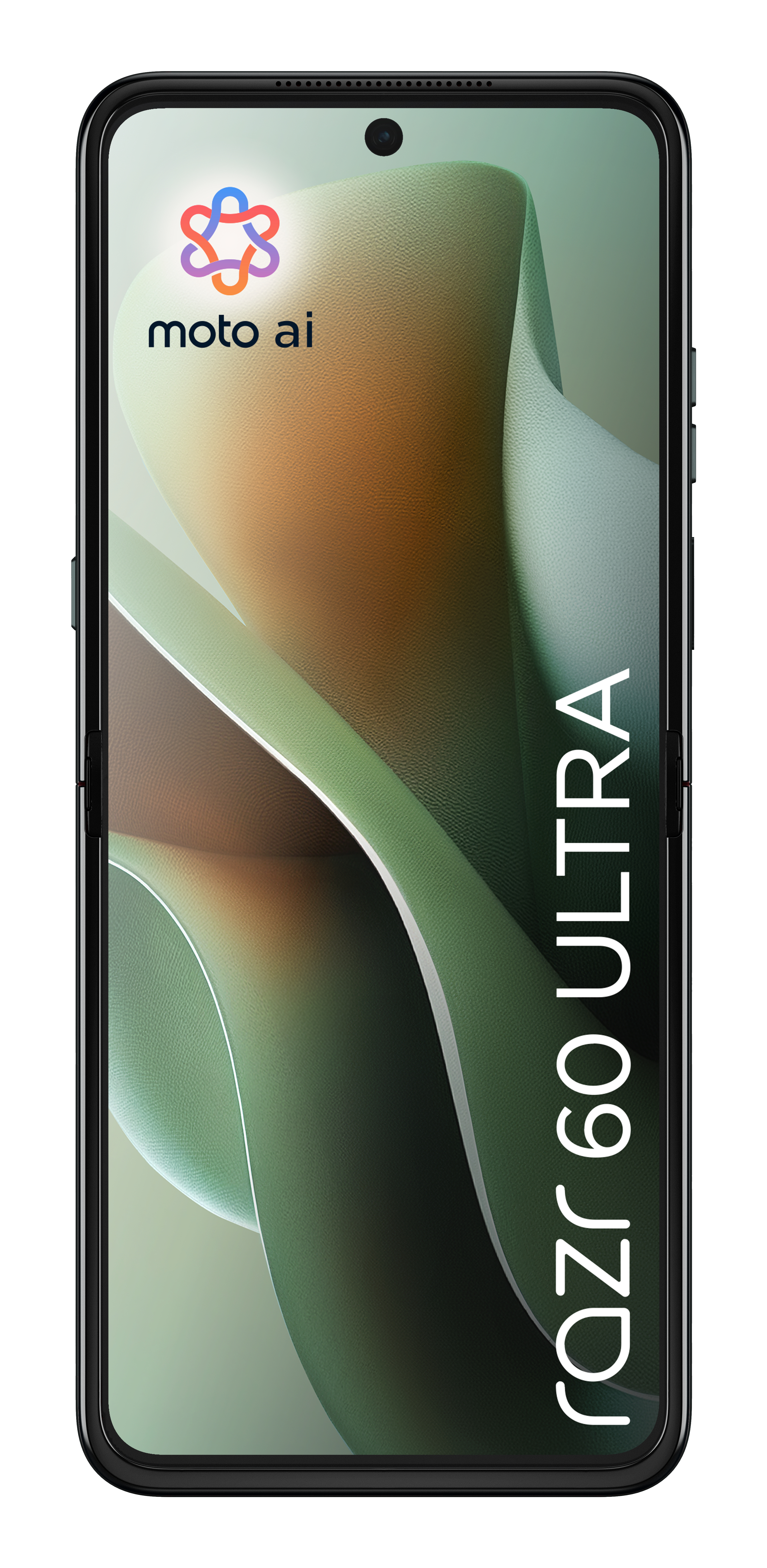 Een smartphone toont een abstract groen en oranje ontwerp, met de woorden 'razr 60 ULTRA' en 'moto ai'.