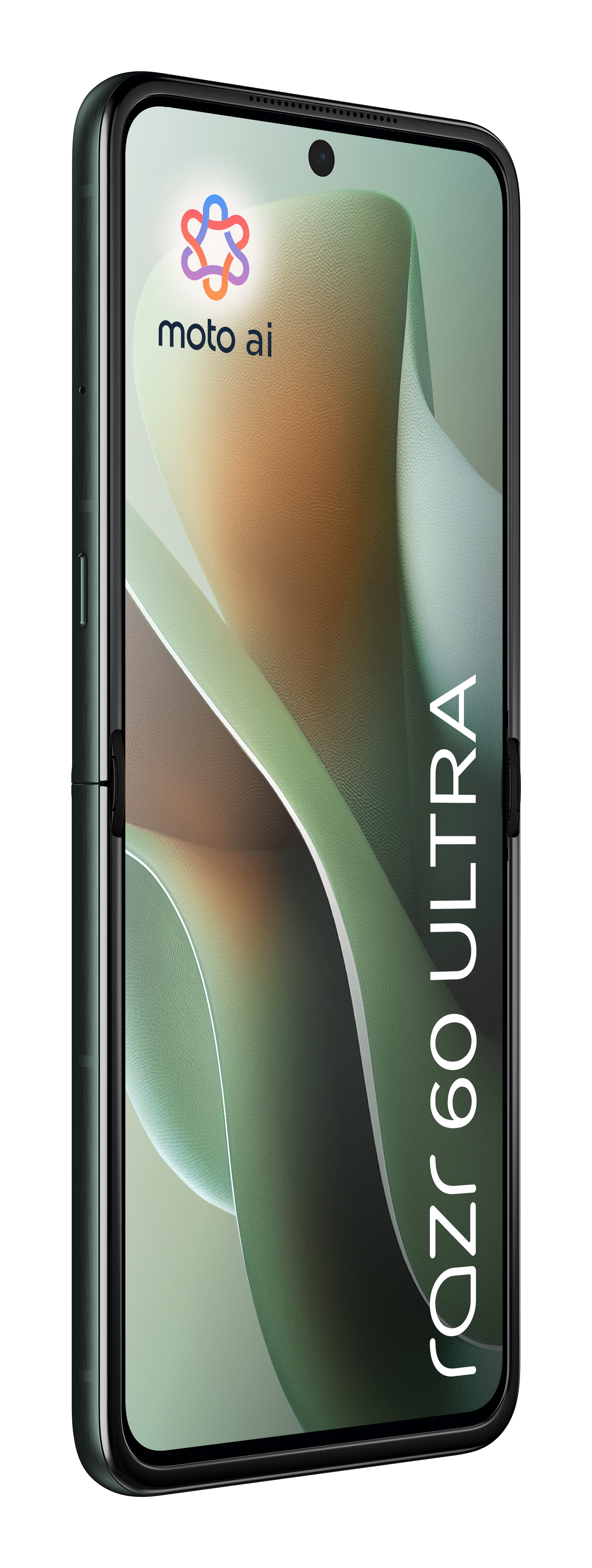 Opvouwbare telefoon met een groen en zwart ontwerp. Het scherm toont 'razr 60 ULTRA' en een logo. 'moto ai' staat bovenaan het scherm.