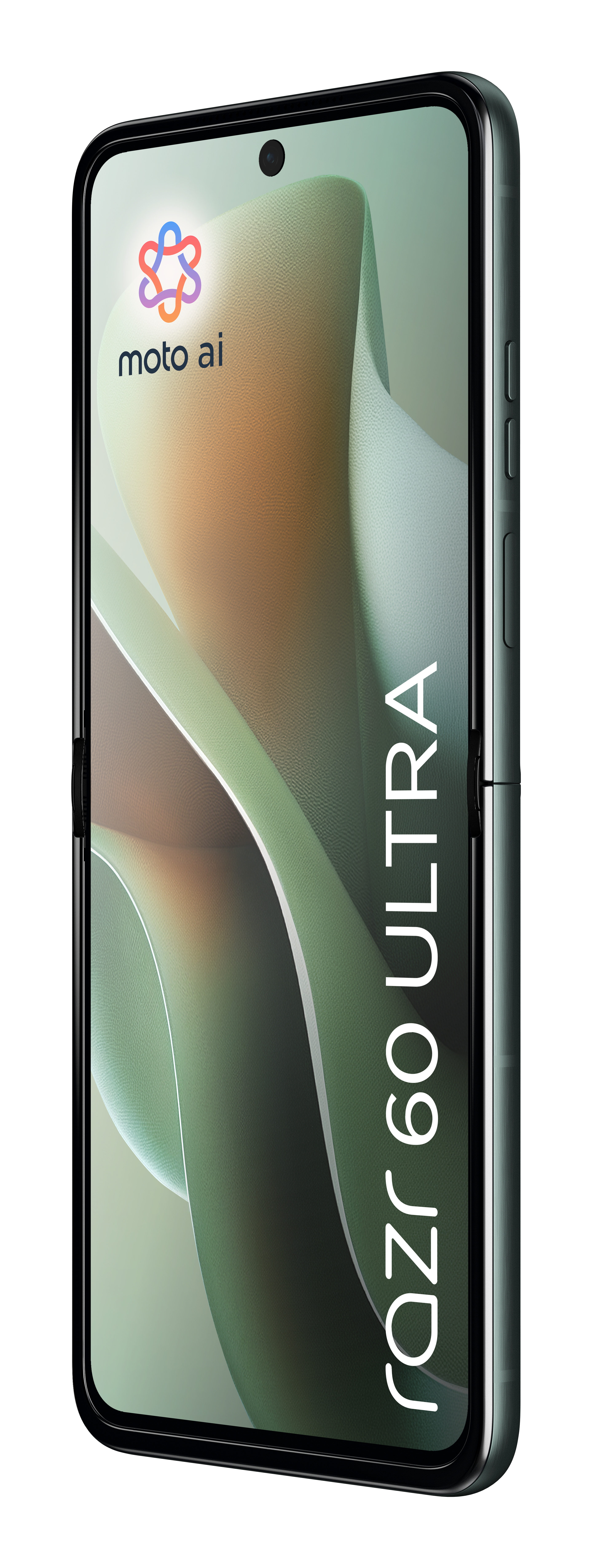 Een Motorola Razr 60 Ultra telefoon. Het is teal van kleur en open, onthult een scherm met het moto ai logo en abstracte achtergrond.