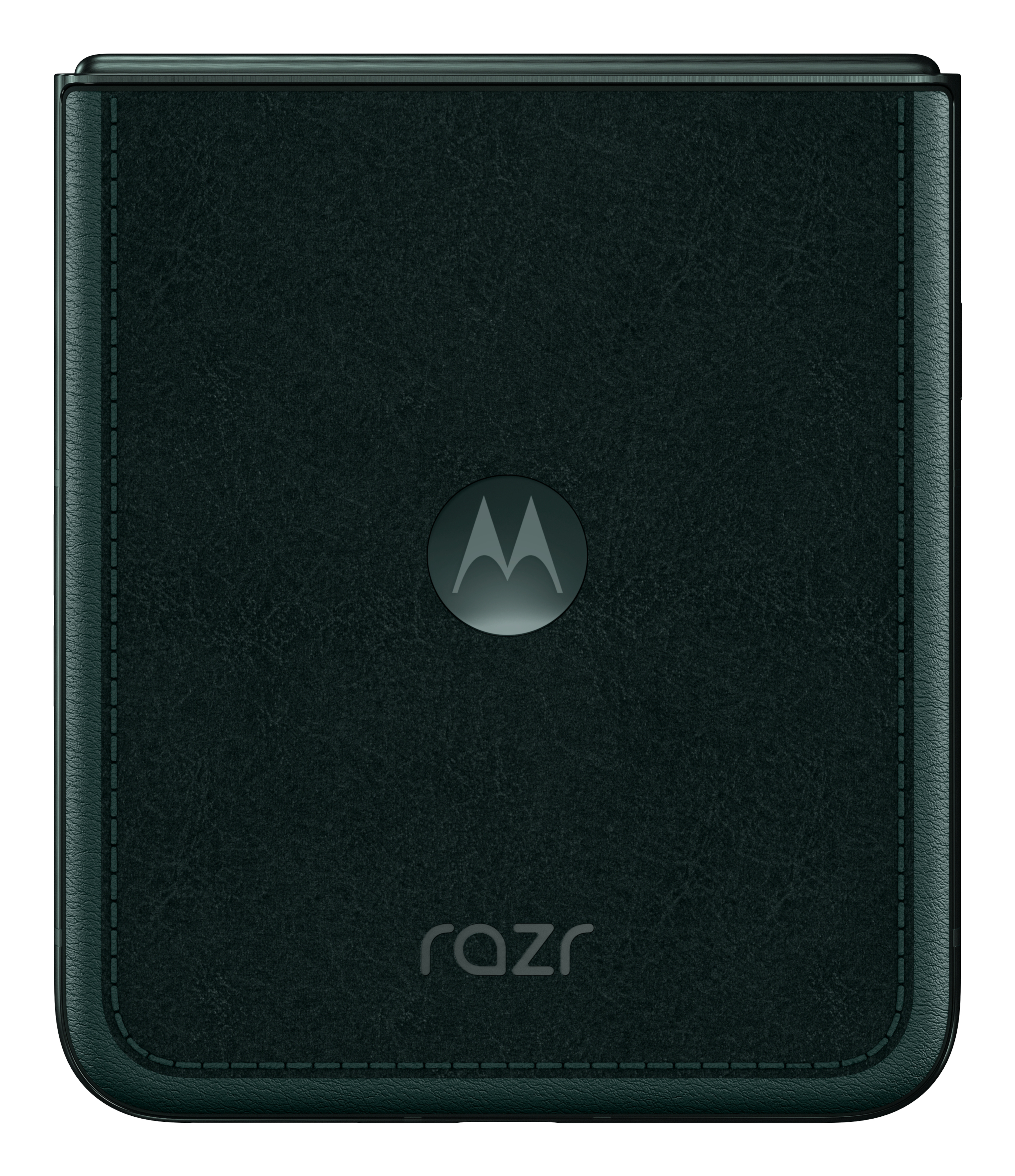 Een gesloten, donkergroene Motorola Razr-telefoon. Het Motorola-logo en de Razr-tekst zijn zichtbaar. De telefoon heeft een leertextuur.