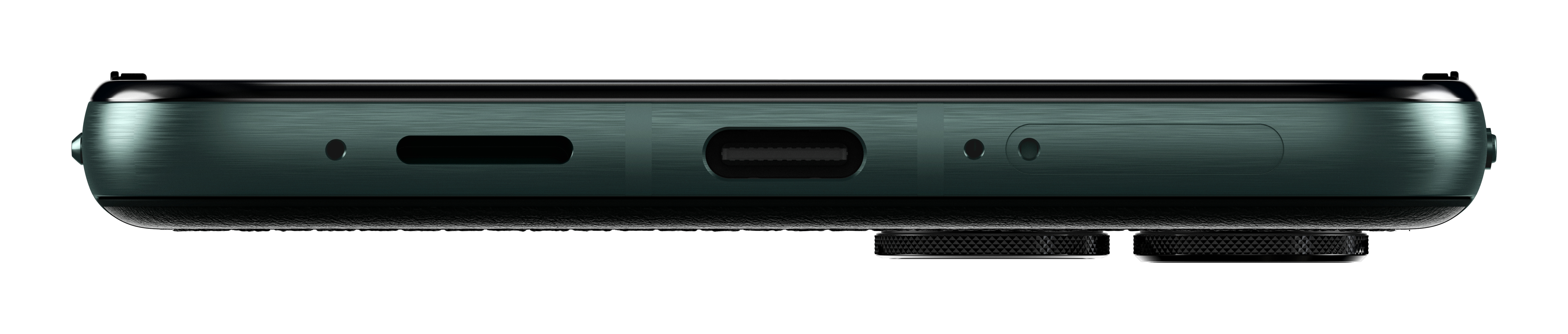 Een close-up van de onderkant van een teal mobiele telefoon. Het heeft een USB-C-poort en twee luidsprekers. De achtergrond is wit.