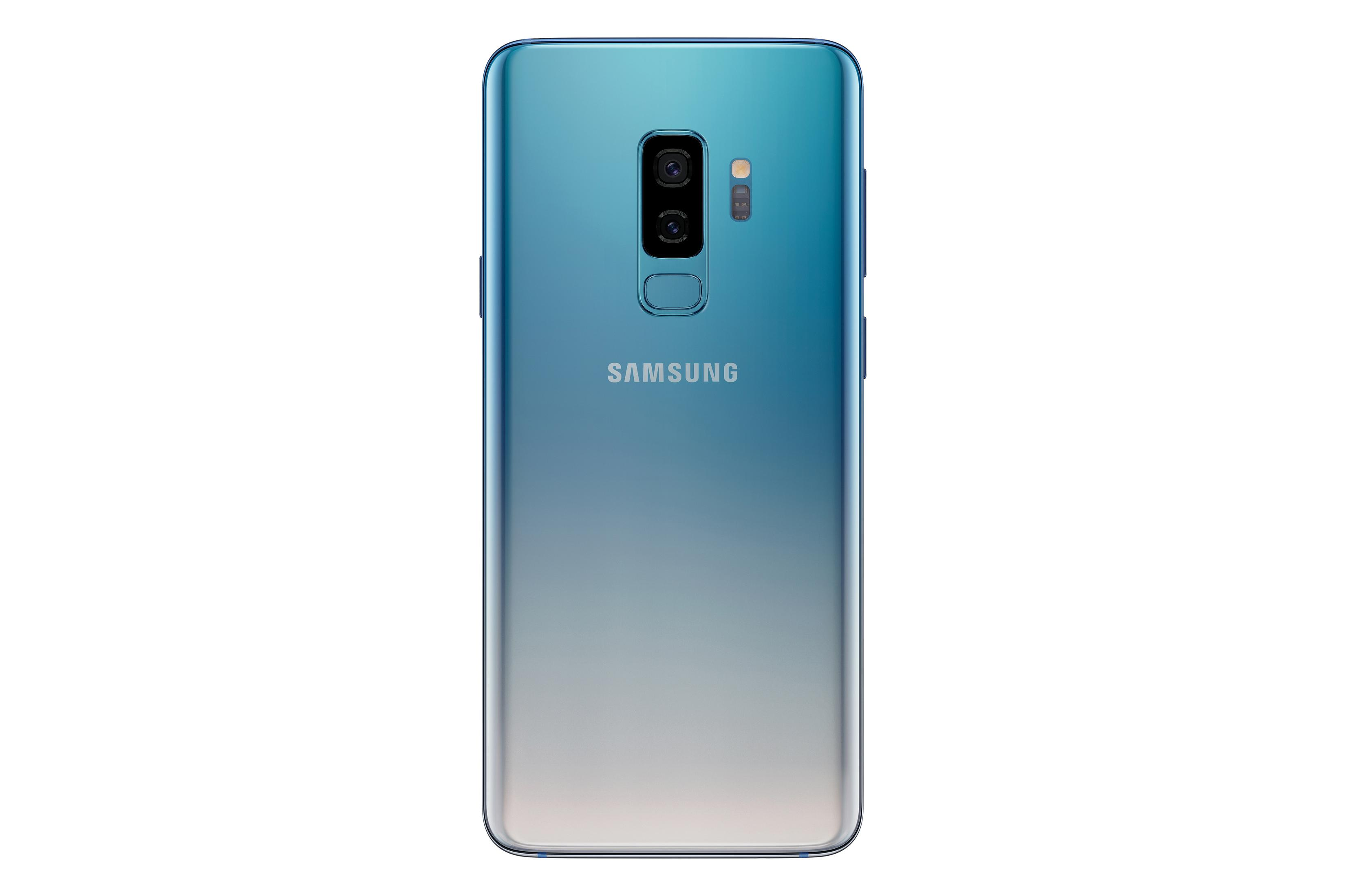 Die Rückseite eines blauen Samsung-Telefons wird gezeigt, mit zwei Kameras und dem Samsung-Logo.